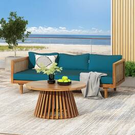 Siljoy - All Weather Wicker Patio Set, Outdoor Rattan Sectional w/ Thick Dark Teal Waterproof Cushions - Teak,Teal