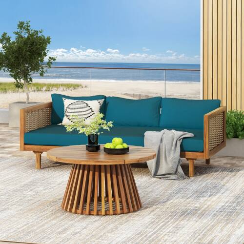 Front. Siljoy - All Weather Wicker Patio Set, Outdoor Rattan Sectional w/ Thick Dark Teal Waterproof Cushions - Teak,Teal.