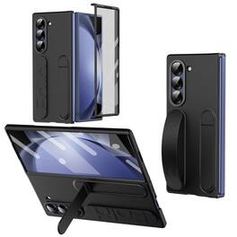 Dteck - Matte Case for Samsung Galaxy Z Fold5 with Wristband Stand, Bulit-in Front Screen Protector, Shockproof Full Body Cover - Black