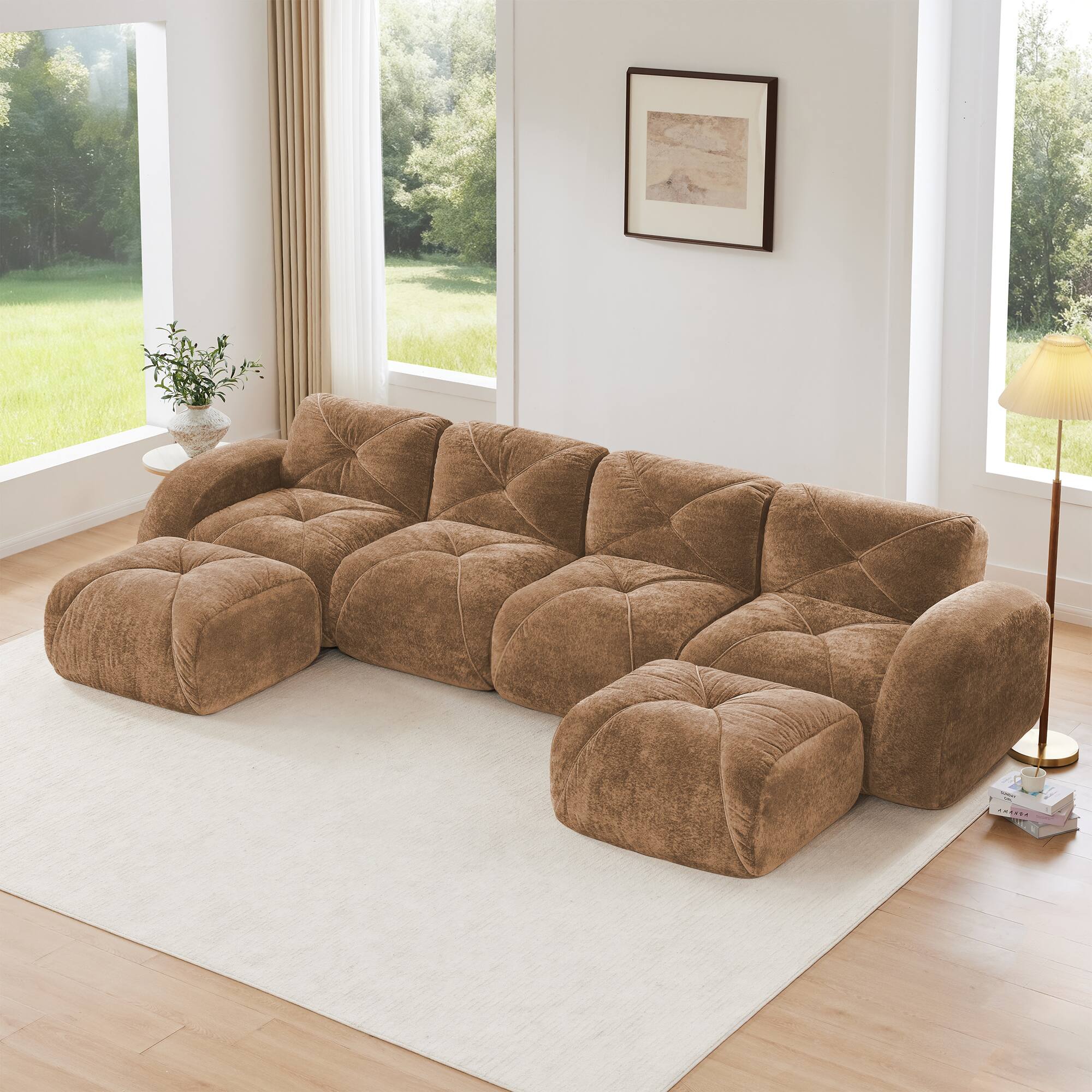 Angle. Aukfa - U-Shaped Boneless Tufted Sofa - 32D High Density Sponge, Free Combination, No Assembly, with Ottomans - Camel.