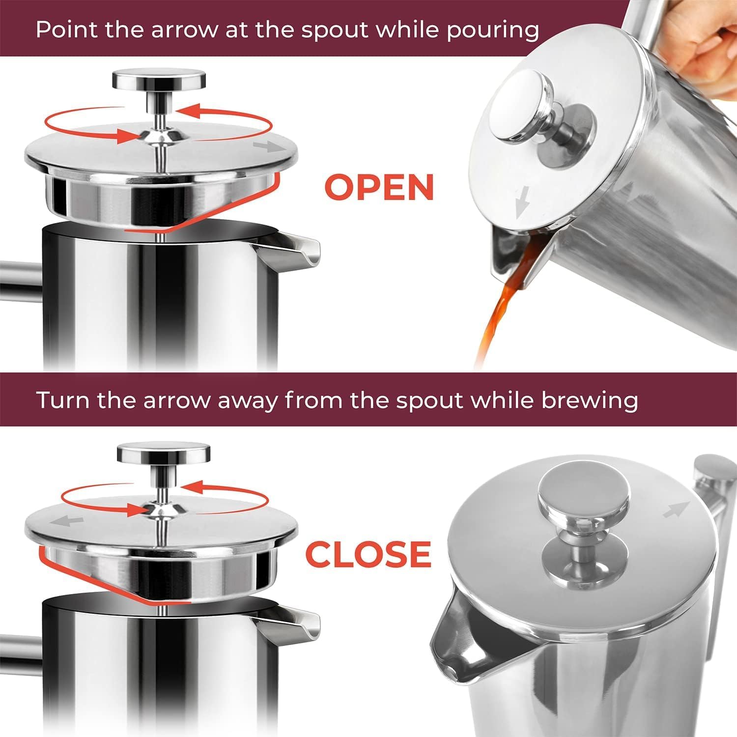 Point the arrow at the spout while pouring OPEN
Turn the arrow away from the spout while brewing CLOSE