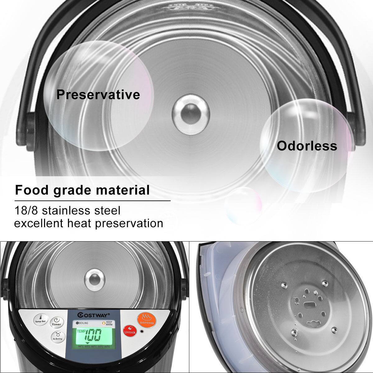 The text on the image reads:

Preservative Odorless Food grade material 18/8 stainless steel excellent heat preservation Tump - Timer OSTWAY KN SEEP AT TM8- IUU MLAE - - DISPENSE Uniock.
