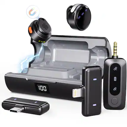 Front. TECH SAFARI - Wireless Lavalier Microphone For Iphone android The Smallest 48h Range Noise Cancellation Mini Clip magneti - Coin Combo (For Lightning/USB-C/3.5mm).