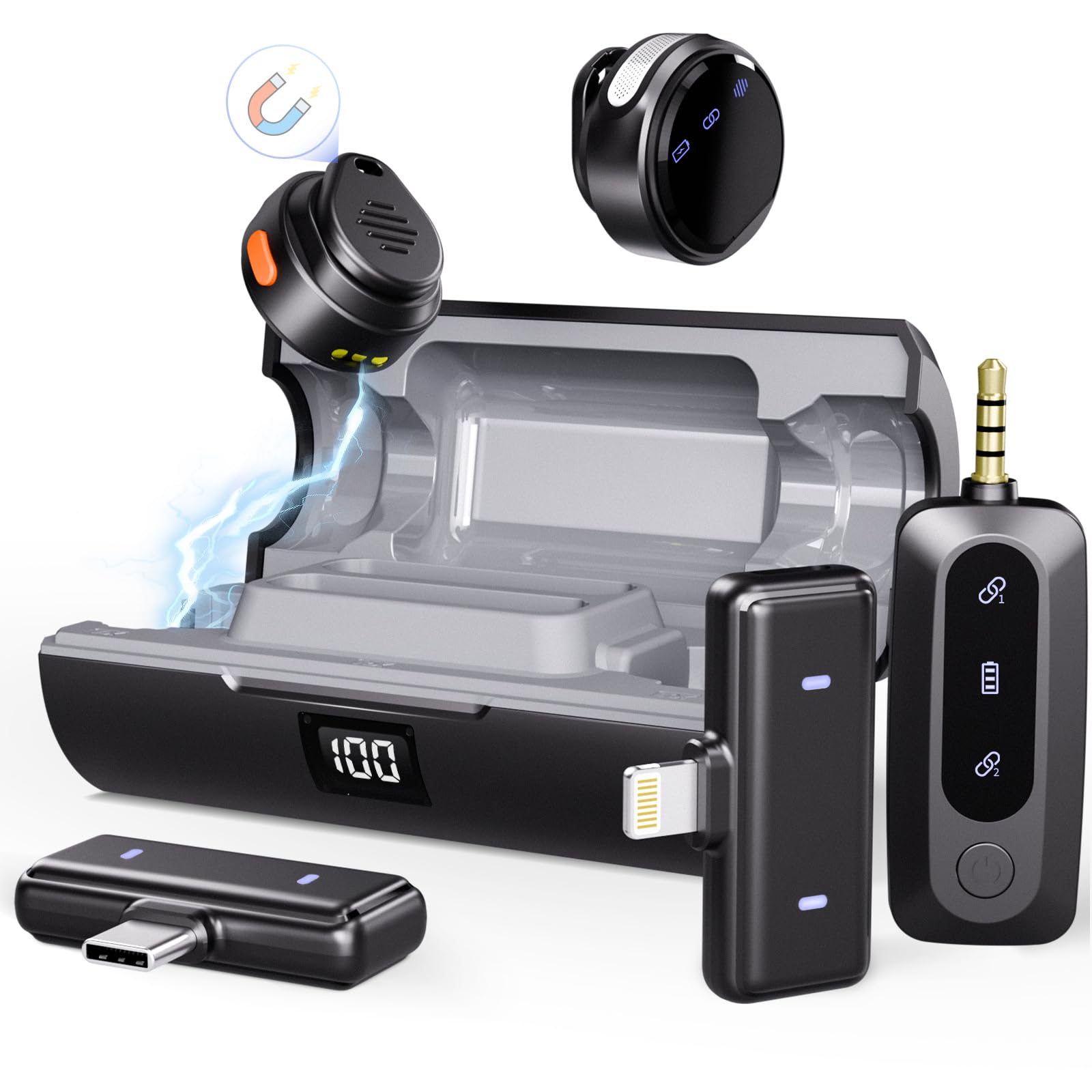 Front. TECH SAFARI - Wireless Lavalier Microphone For Iphone android The Smallest 48h Range Noise Cancellation Mini Clip magneti - Coin Combo (For Lightning/USB-C/3.5mm).