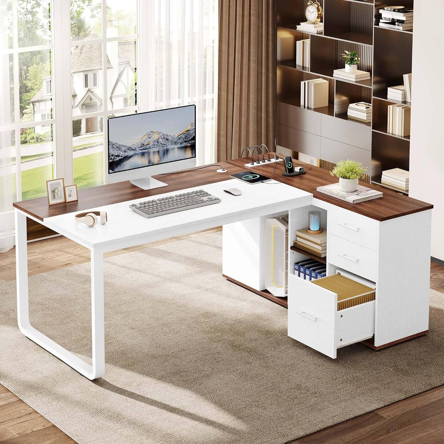 Zell Electronics - 71 Inch White & Walnut L-Shaped Executive Desk with Drawers, File Cabinet & Bookshelf - White &amp; Walnut