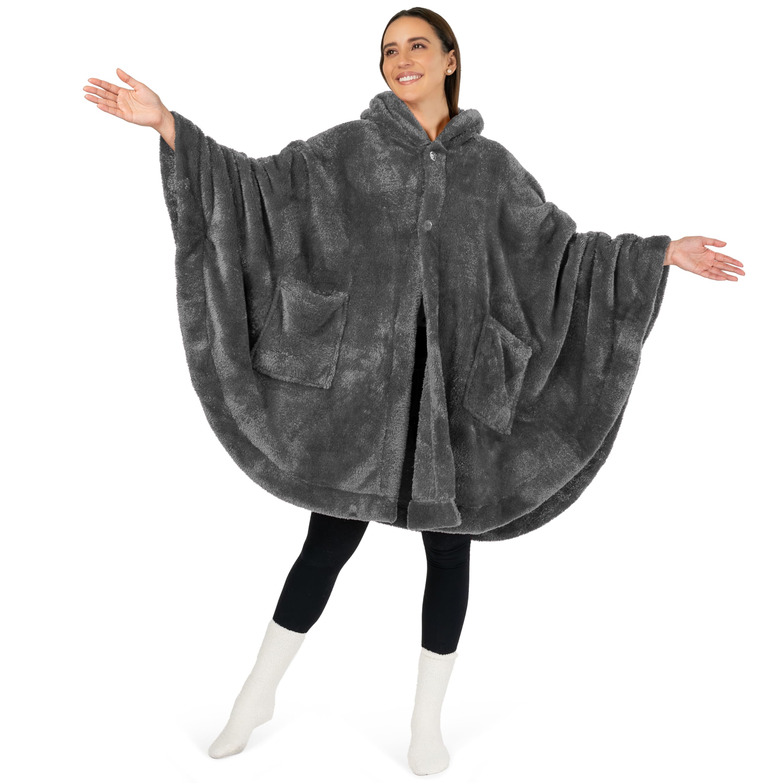 Alt View 2. Paradigms Interiors - Angel Wrap Hooded Blanket Poncho Wearable Throw For Women Adult Cozy Fluffy Sherpa Shawl Cape WEARABLE BLAN... - Black.