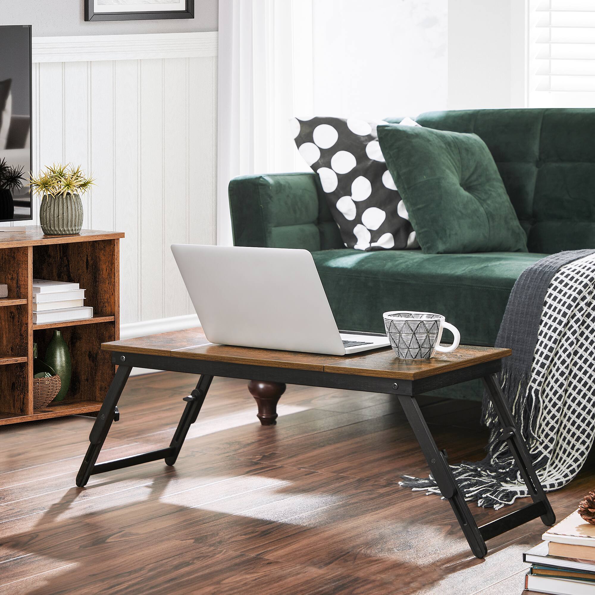Angle. Songmics Home - Laptop Desk, Bed Sofa Breakfast Tray, Adjustable Tilt Top, Right-Left Handed, Adjustable Folding Legs, Drawer - Rustic Dark Brown.