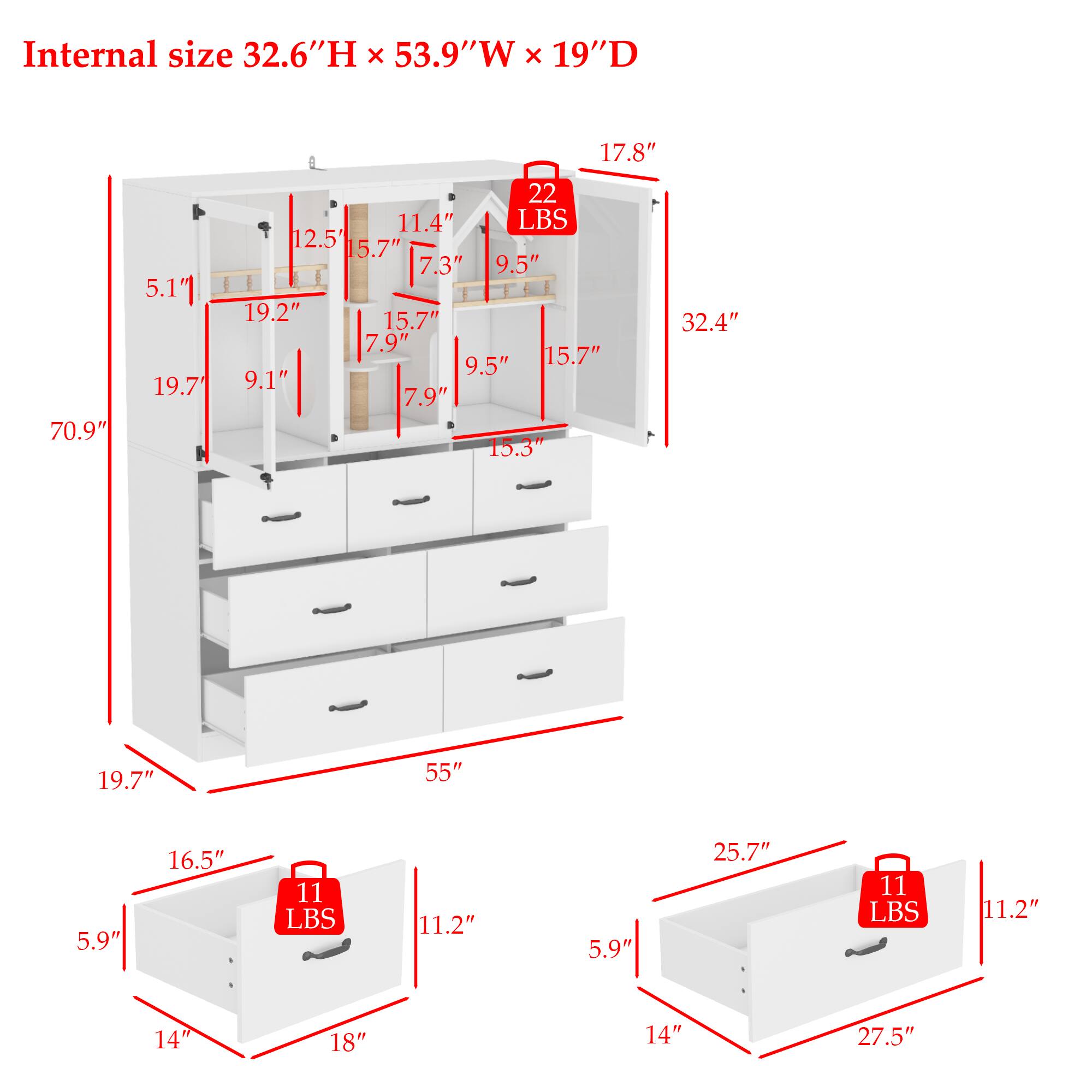 Internal size 32.6"H x 53.9"W x 19"D

- 70.9"
- 19.7"
- 17.8"
- 22"
- 11.4"
- 15.7"
- 7.3"
- 9.5"
- 19.2"
- 7.9"
- 15.7"
- 9.5"
- 9.1"
- 7.9"
- 15.3"
- 19.7"
- 55"
- 5.9"
- 16.5"
- 11 LBS
- 11.2"
- 5.9"
- 25.7"
- 11 LBS
- 11.2"
- 14"
- 18"
- 14"
- 27.5"