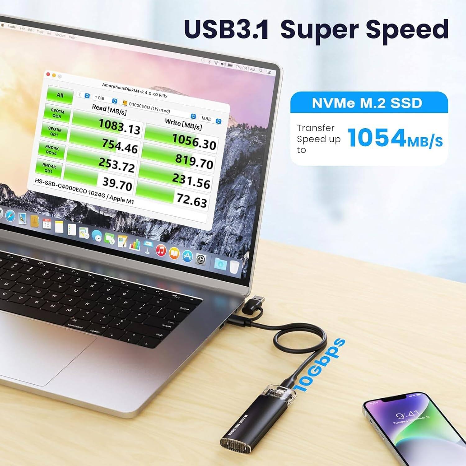Finder - Fot View Ge Tindee Hes USB3.1 Super Speed 1 AmerphousDiskMark 4.0 O All 1 Gib Fills Read C4000ECO (1% SEQIM (MB/s) used) GOB 2 MB/ Write [MB/s] SEOUM DD1 1083.13 ENOLK 754.46 1056.30 0OE4 RND4K 253.72 819.70 001 HS-SSD-C4000ECO 39.70 231.56 1024G I Apple M1 72.63 NVMe M.2 SSD Transfer Speed up 1054MB/S to - 3 & 0 c - : - , R a a T , F F 0  W M a d N A 8 I K -. # e d - e J , I . Je m - . e a - 10Gbps 9:41