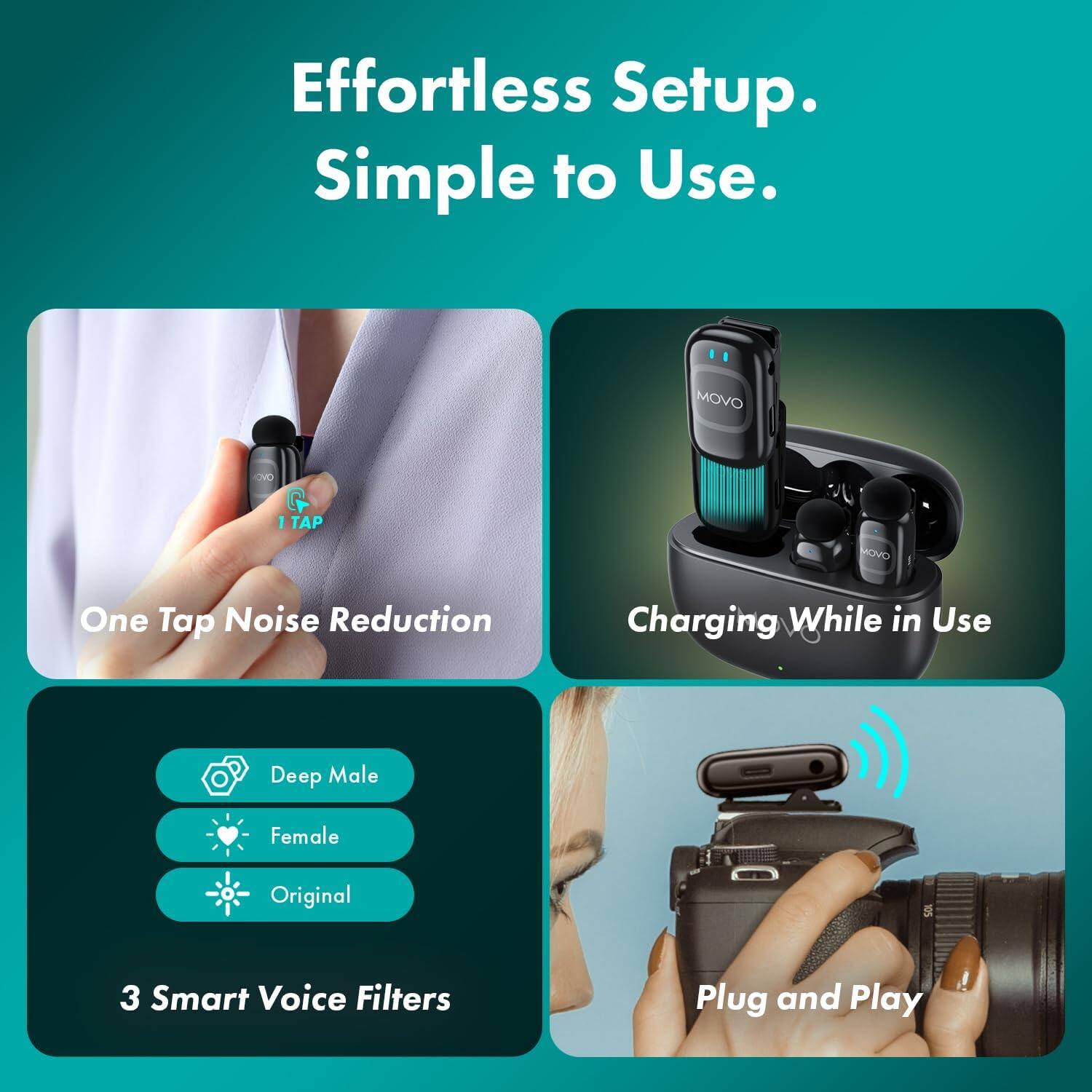 Effortless Setup. Simple to Use.

- One Tap Noise Reduction
- Charging While in Use
- 3 Smart Voice Filters
  - Deep Male
  - Female
  - Original
- Plug and Play