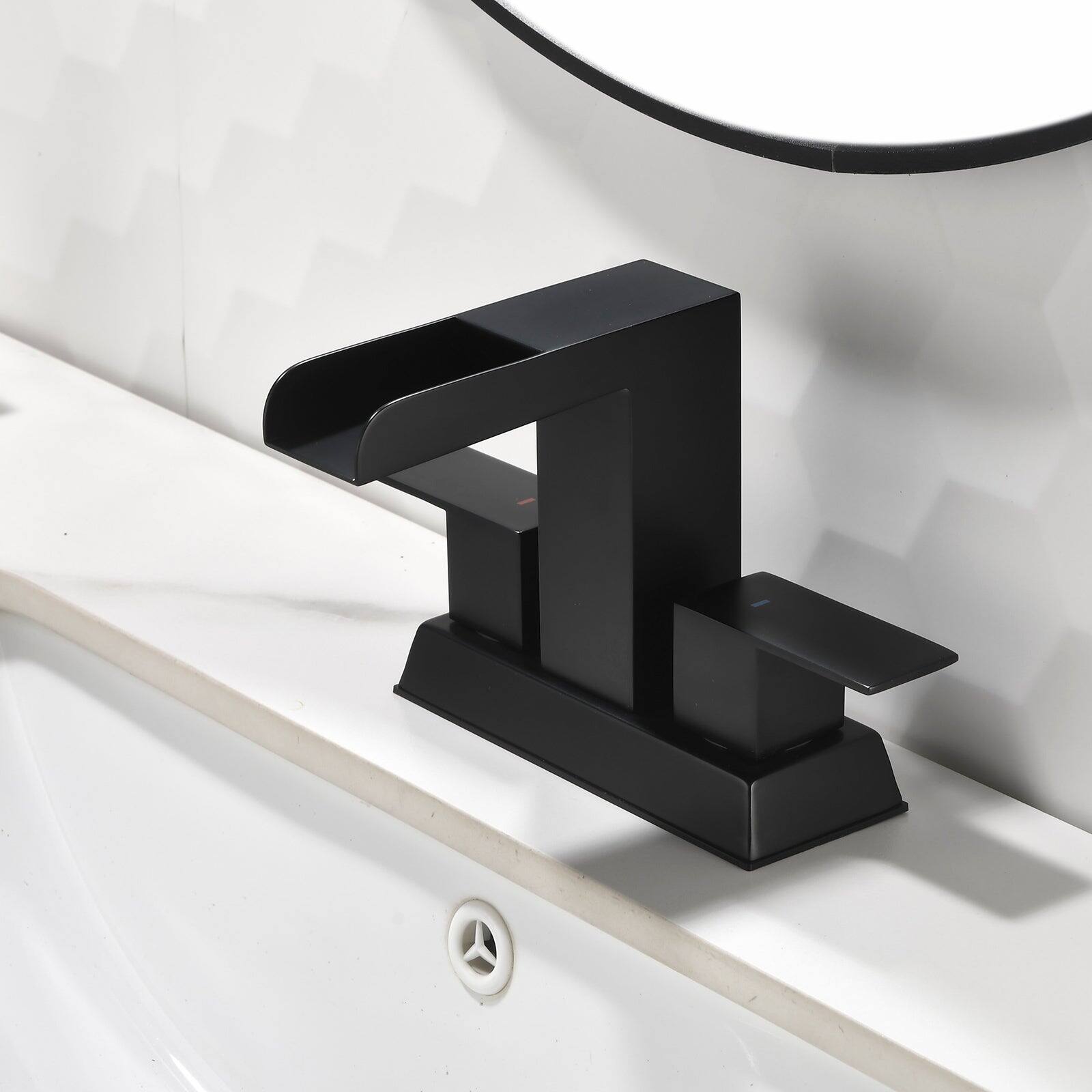 Alt View 2. Boyel Living - Black 4 Inch Centerset Faucet SUS304 Waterfall Spout 1.2GPM Dual Handle Pop Up Drain - Matte Black.