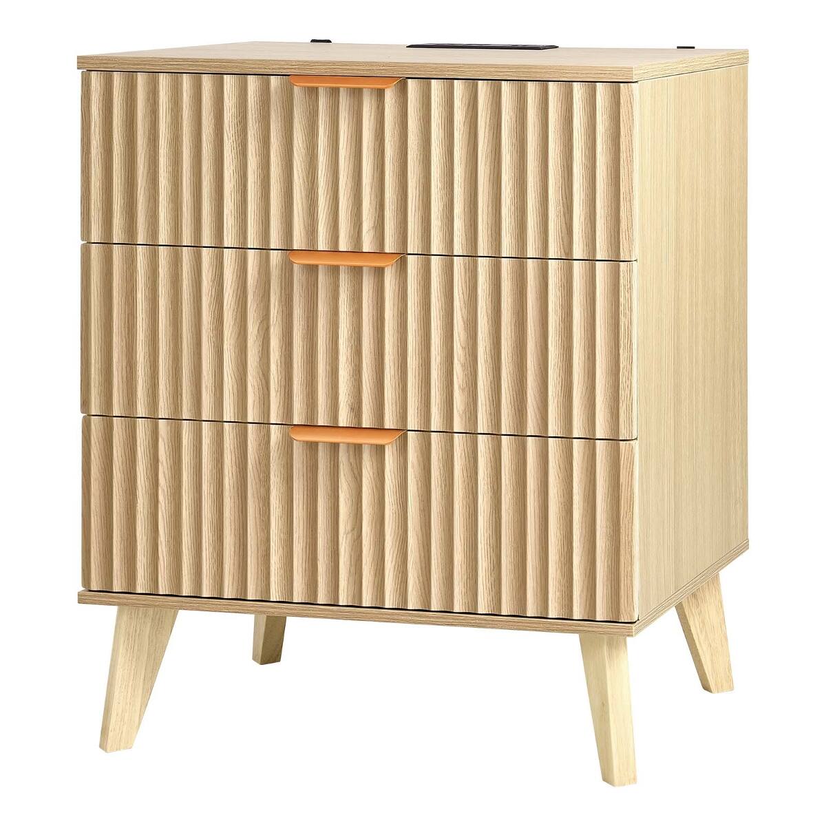Alt View 8. Loheer - Loheer Fluted Nightstand with Charging Station, Three Drawers and Open Shelf, Khaki - Khaki.