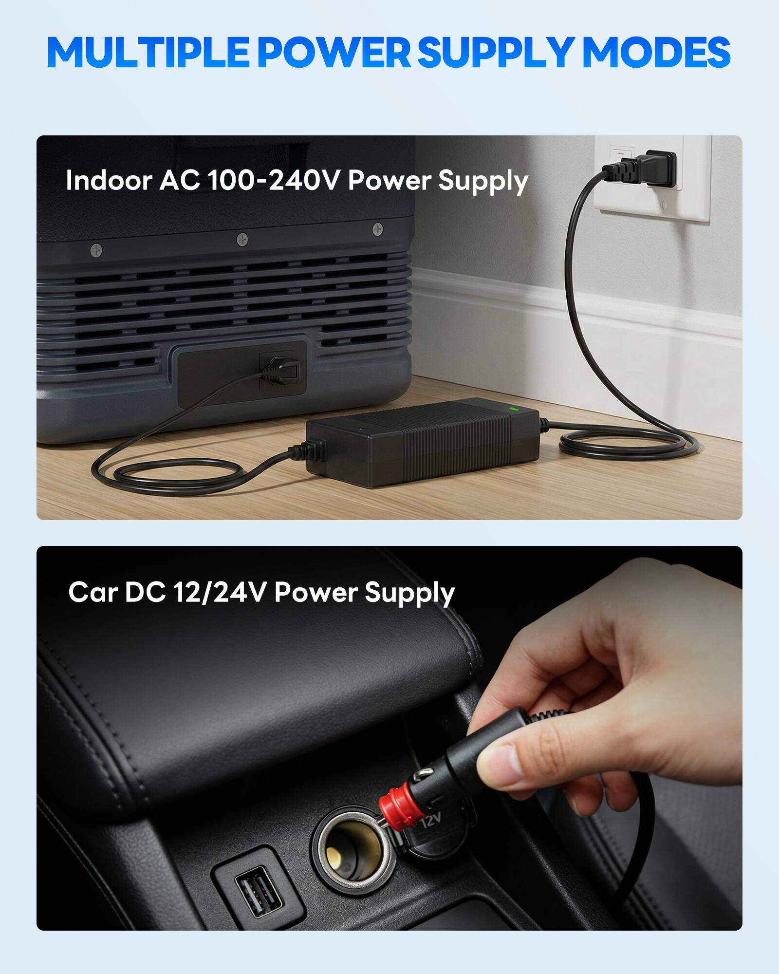 MULTIPLE POWER SUPPLY MODES

Indoor AC 100-240V Power Supply

Car DC 12/24V Power Supply