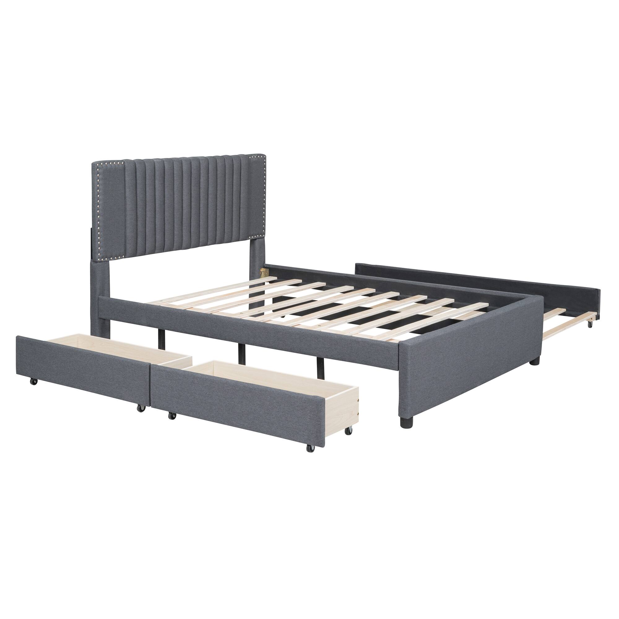 Alt View 1. LUCKY ONE - Full Size Upholstered Platform Bed with 2 Drawers and 1 Twin Size Trundle - Gray.