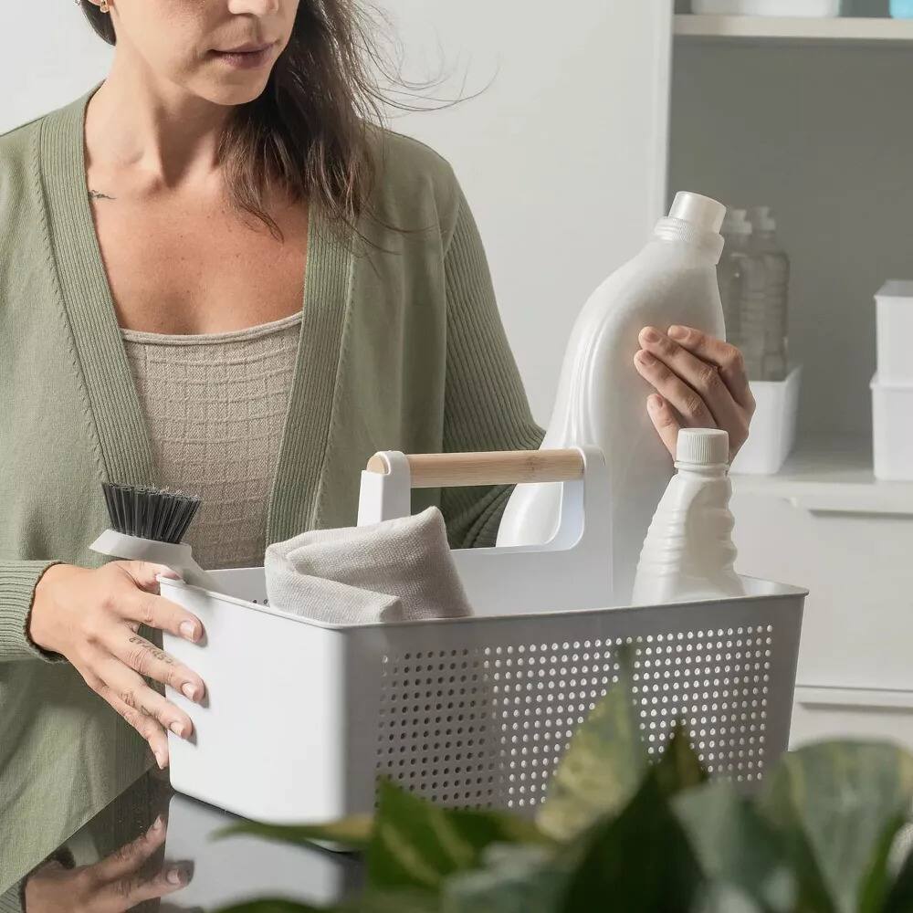 Left. OU - OU Cleaning Caddy, Cleaning Supplies Storage Organizer Bucket with Handle.