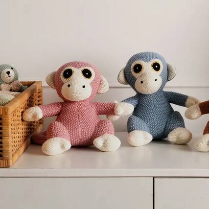 Front. Siljoy - Knitted Stuffed Monkey Soft Toy, 22x26cm, Coral Almond, 100% Cotton & Polyester, Safe & Snuggly - Coral.
