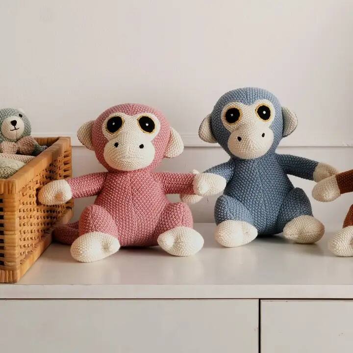 Front. Siljoy - Knitted Stuffed Monkey Soft Toy, 22x26cm, Coral Almond, 100% Cotton & Polyester, Safe & Snuggly - Coral.