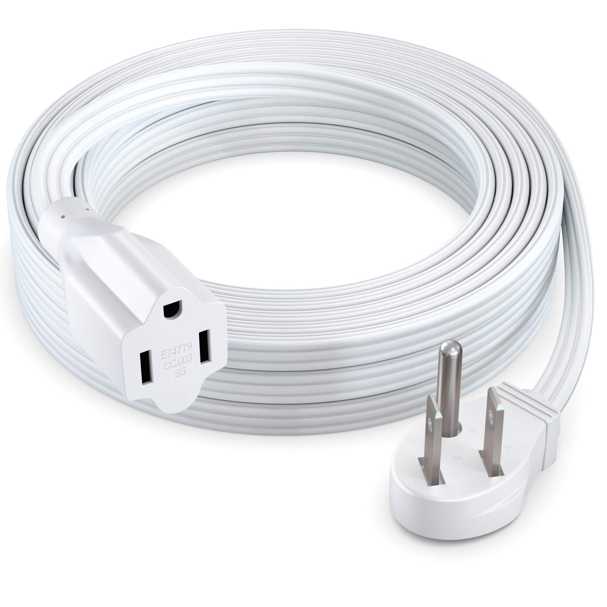 Maximm - Extension Cord (15 ft) 1 Outlet Flat Wire, 3-Prong 45° Angled Flat Plug, 16 AWG Power Cord - UL Certified - White