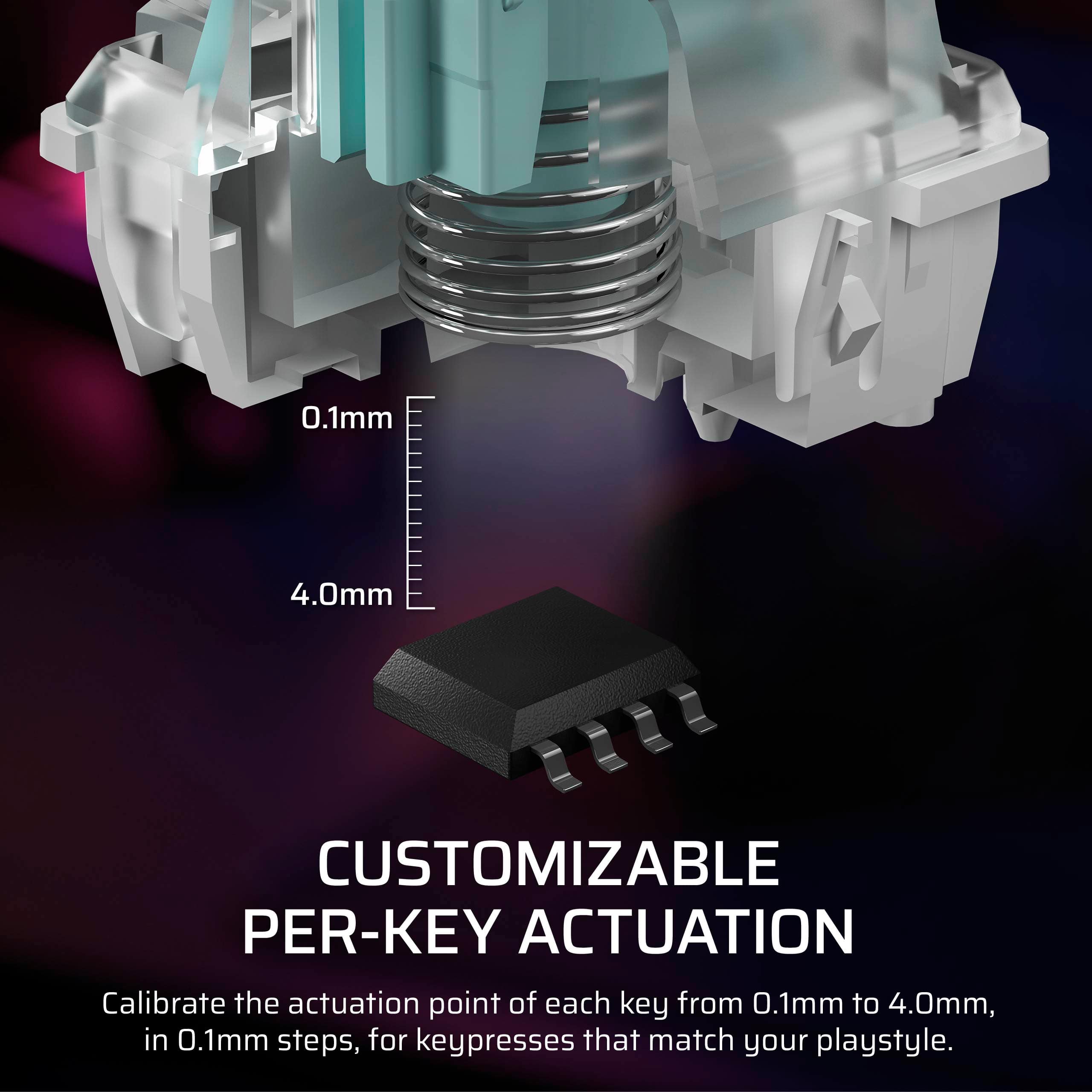 Customizable Per-Key Actuation: Calibrate the actuation point of each key from 0.1mm to 4.0mm, in 0.1mm steps, for keypresses that match your playstyle.