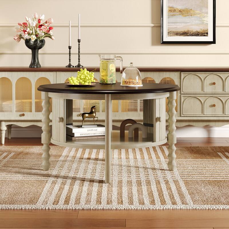 Front. Bestier - Vintage Round Coffee Table with Storage 30.3 Inch Mid Century Modern Slatted Design Accent Table for Small Spaces - Beige.