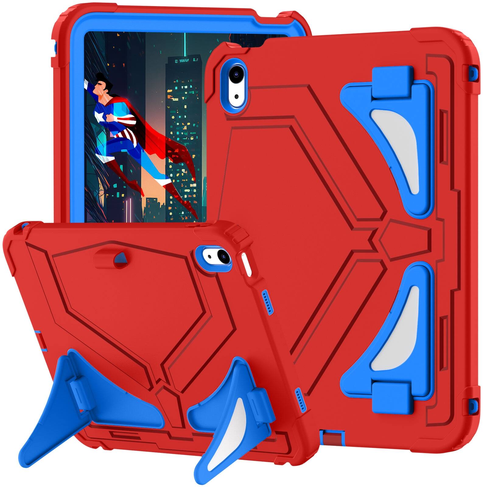 Angle. UUCOVER - Kids Case for iPad (A16) 11-inch 2025 / iPad 10th Gen 10.9" 2022 Shockproof TPU+PC Stand Cover with Shoulder Strap - Red/Blue.