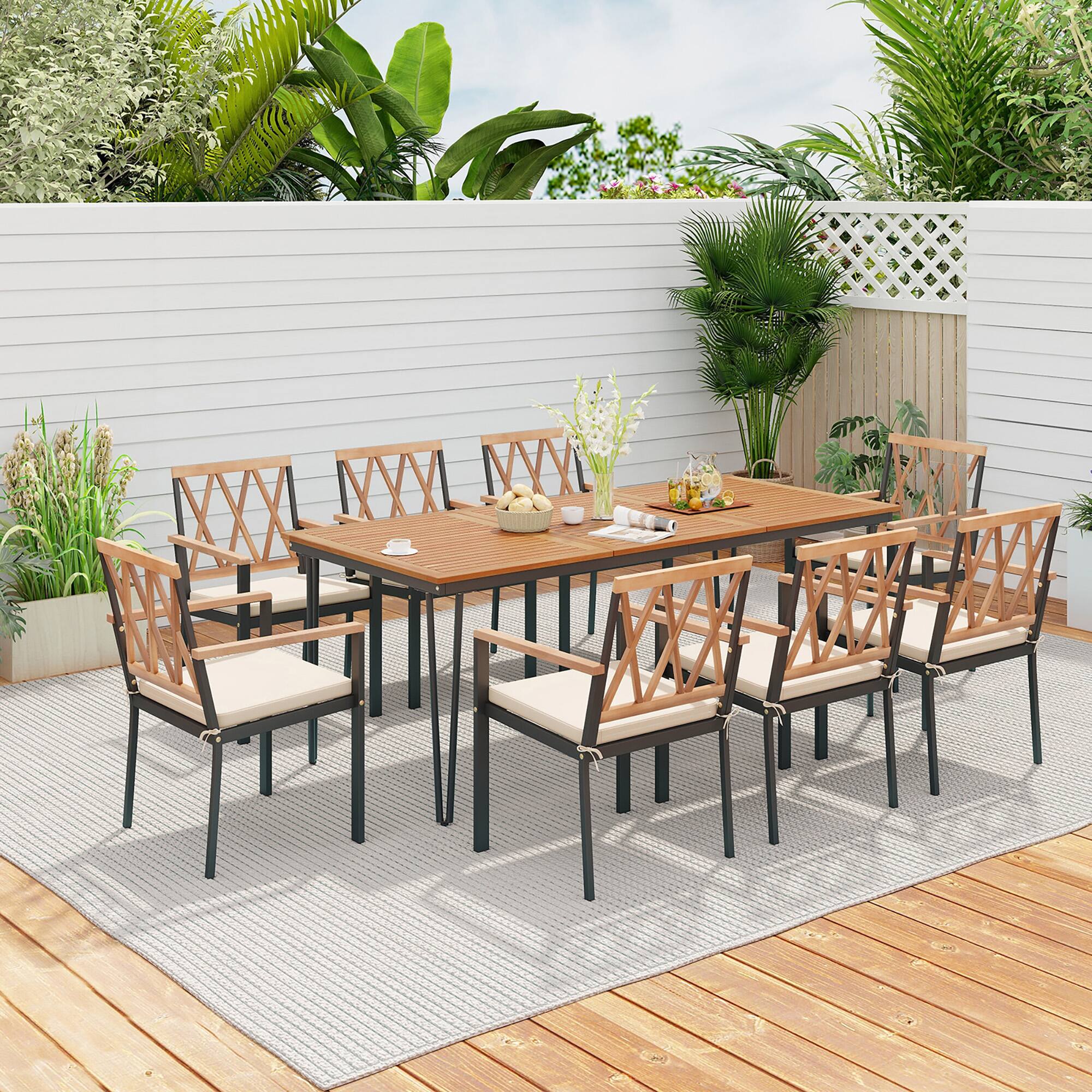 Alt View 1. Gymax - Gymax 9 PCS Patio Dining Set Rectangular Dining Table w/ Acacia Wood Top Umbrella Hole - Natural, Black.