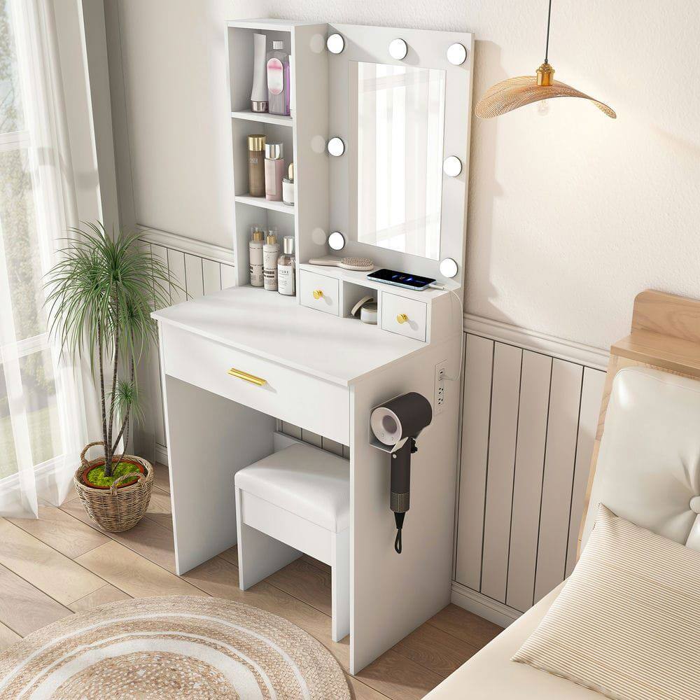 Back. Kadyn - LED Mirror Vanity Table with Electrical Outlet and Included Stool - White - White.