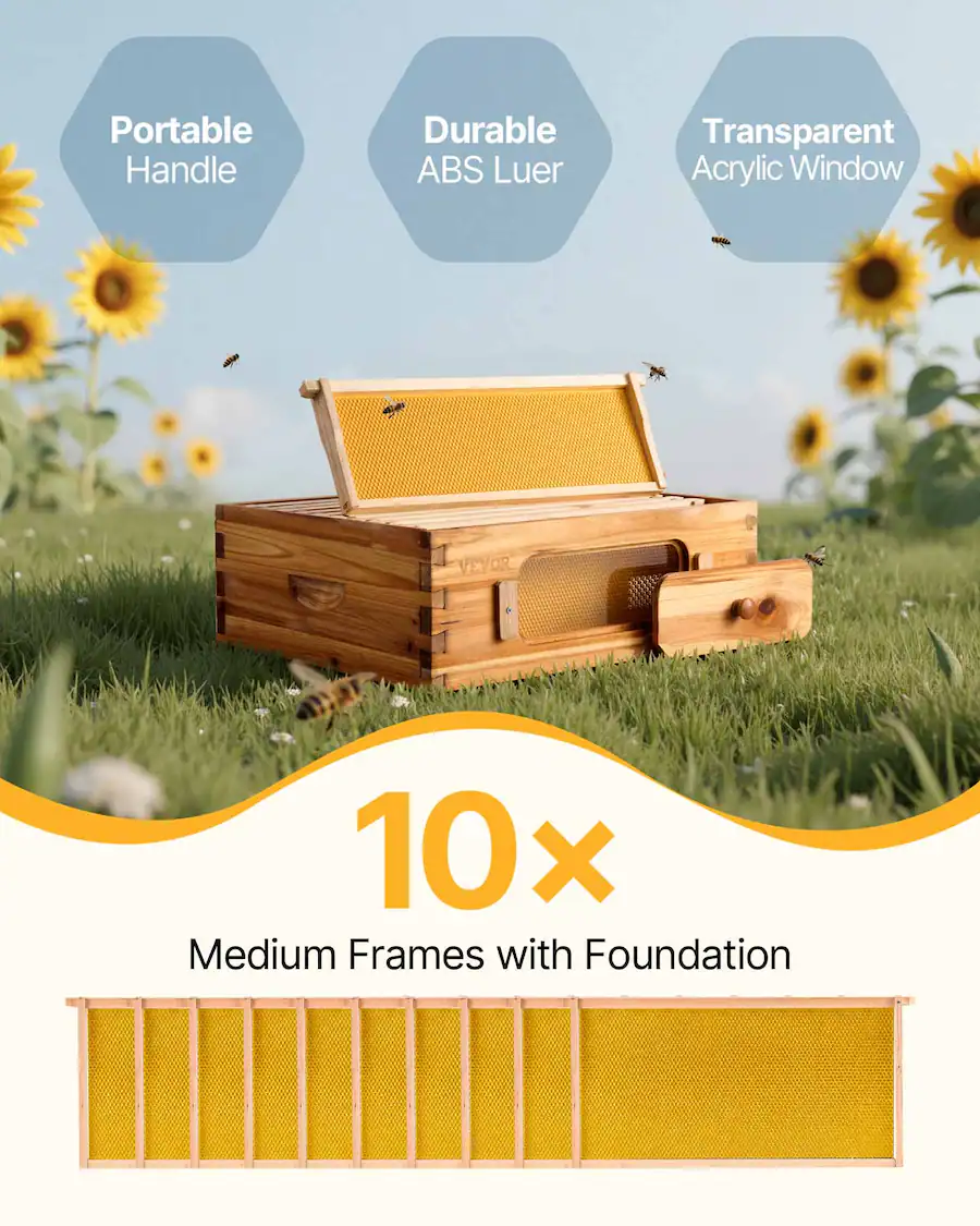 Bee Model Kit VEVOR Bee Hive Medium Box Starter Kit, 100% Beeswax Coated Natural Fir ...