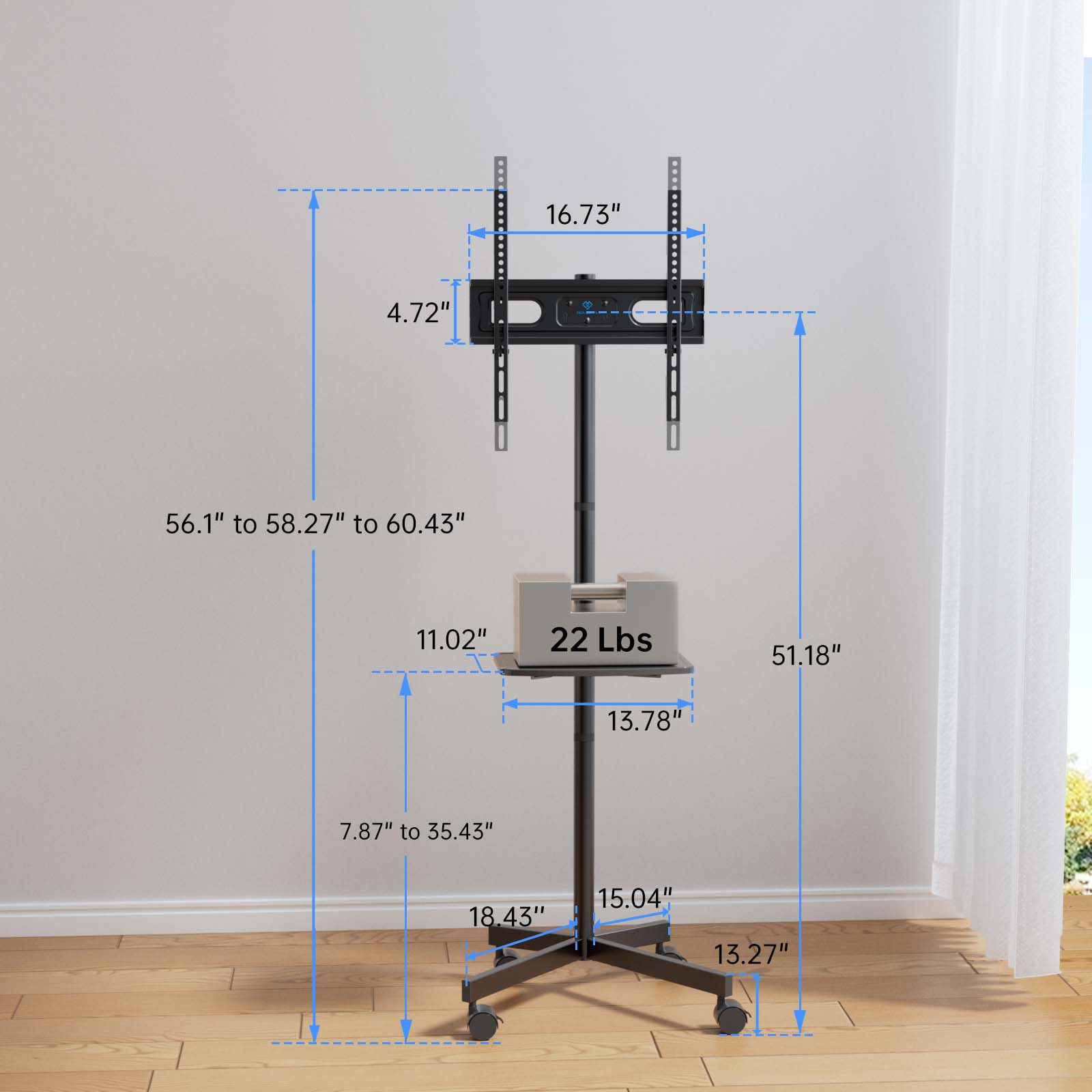 - 16.73"
- 4.72"
- 56.1" to 58.27" to 60.43"
- 11.02"
- 22 Lbs
- 51.18"
- 13.78"
- 7.87" to 35.43"
- 18.43"
- 15.04"
- 13.27"