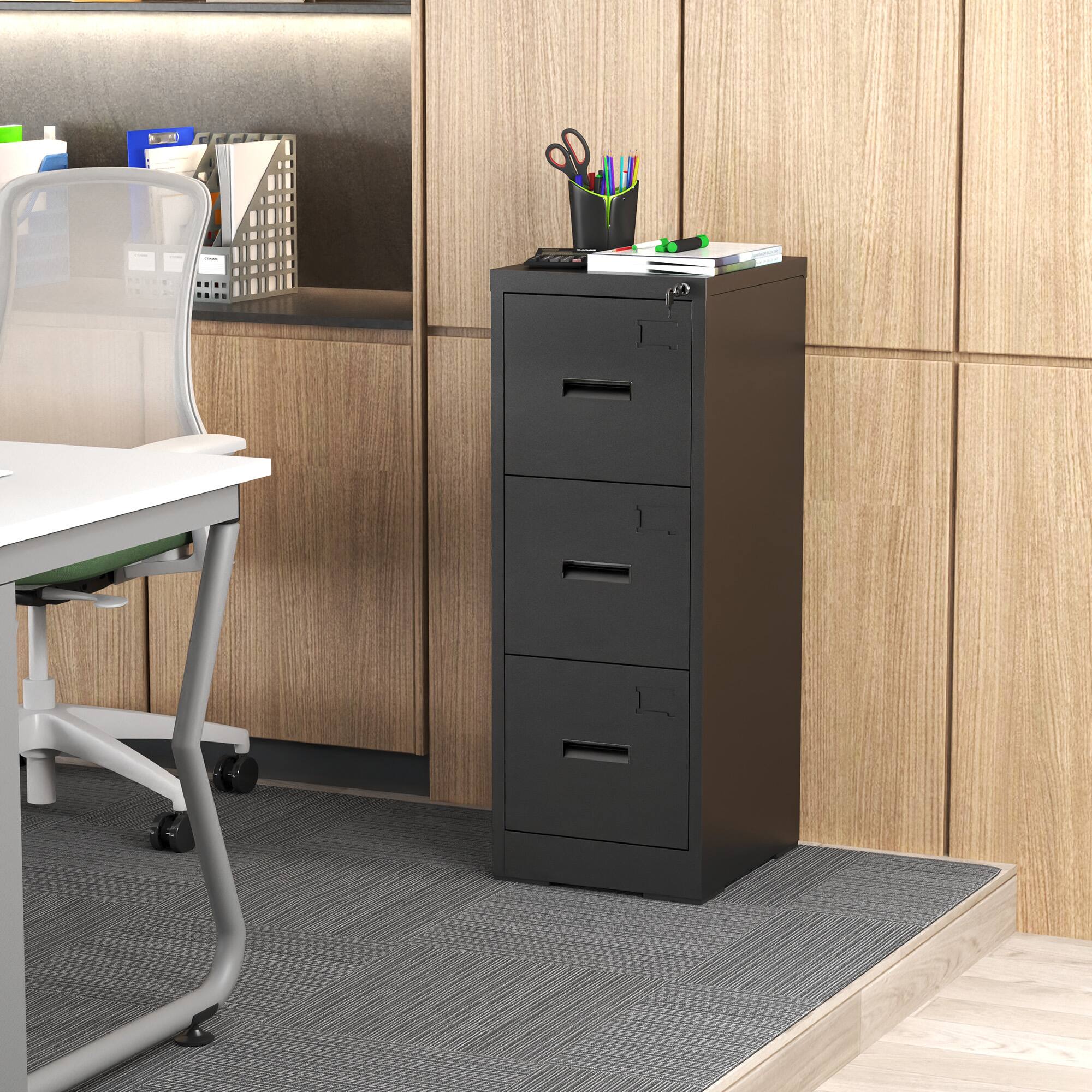 Alt View 10. Ecooso - 3 Drawer Vertical File Cabinet with Lock, Metal Office File Cabinet with Card Slot for Letter Legal A4 Files - Black.