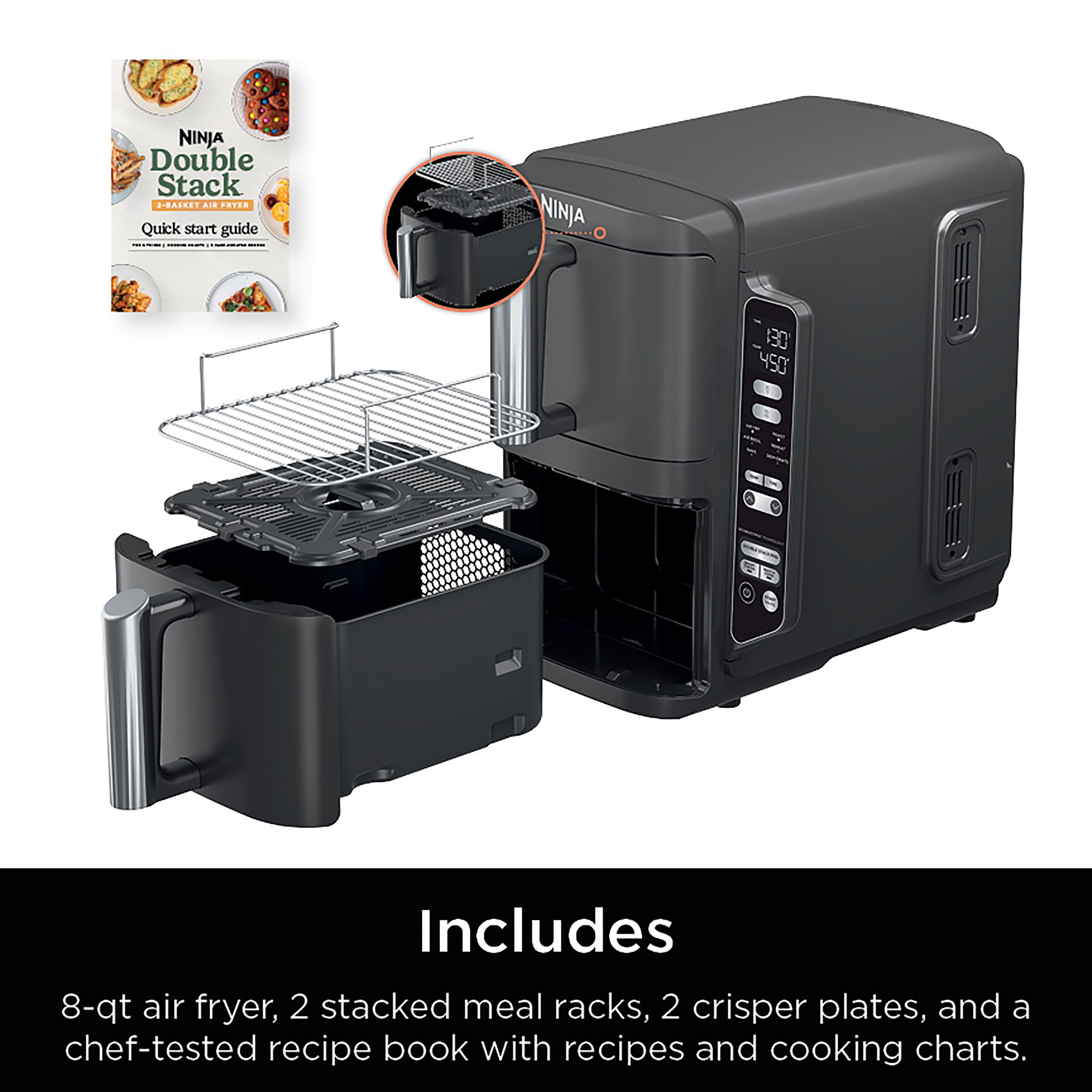 The image features a Ninja Double Stack Air Fryer, which includes an 8-qt air fryer, 2 stacked meal racks, 2 crisper plates, and a chef-tested recipe book with recipes and cooking charts. The product is displayed with a close-up view of the air fryer, showcasing its features and functionality. The recipe book and cooking charts are also visible, indicating that the Ninja Double Stack Air Fryer is a versatile and convenient appliance for preparing a variety of meals.