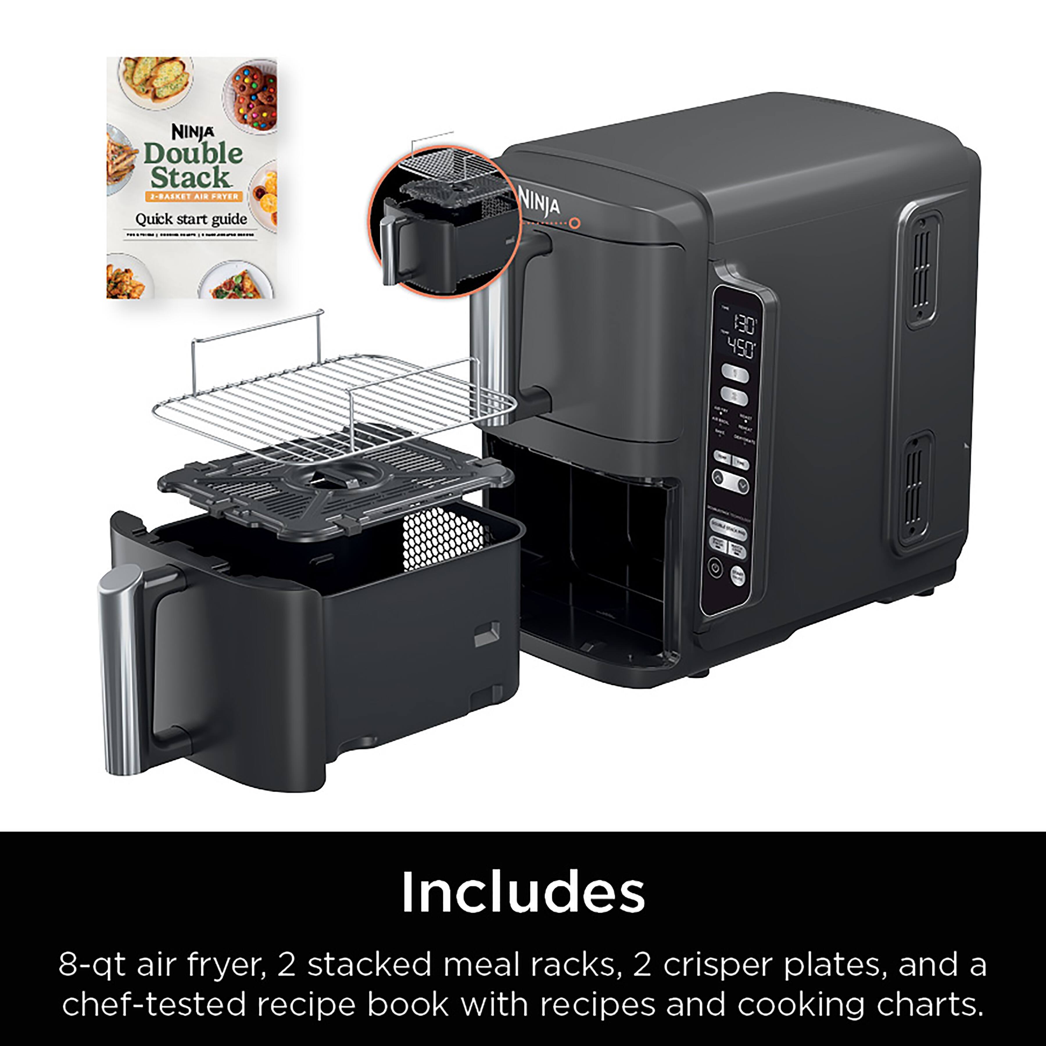 The image features a Ninja Double Stack Air Fryer, which includes an 8-qt air fryer, 2 stacked meal racks, 2 crisper plates, and a chef-tested recipe book with recipes and cooking charts. The product is displayed with a close-up view of the air fryer, showcasing its features and functionality. The recipe book and cooking charts are also visible, indicating that the Ninja Double Stack Air Fryer is a versatile and convenient appliance for preparing a variety of meals.