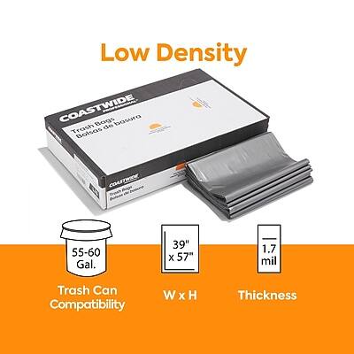 Low Density  
COASTWIDE Bags  
Trash Bags  
Bolsas de basura  

Trash Can Compatibility: 55-60 Gal.  
W x H: 39" x 57"  
Thickness: 1.7 mil