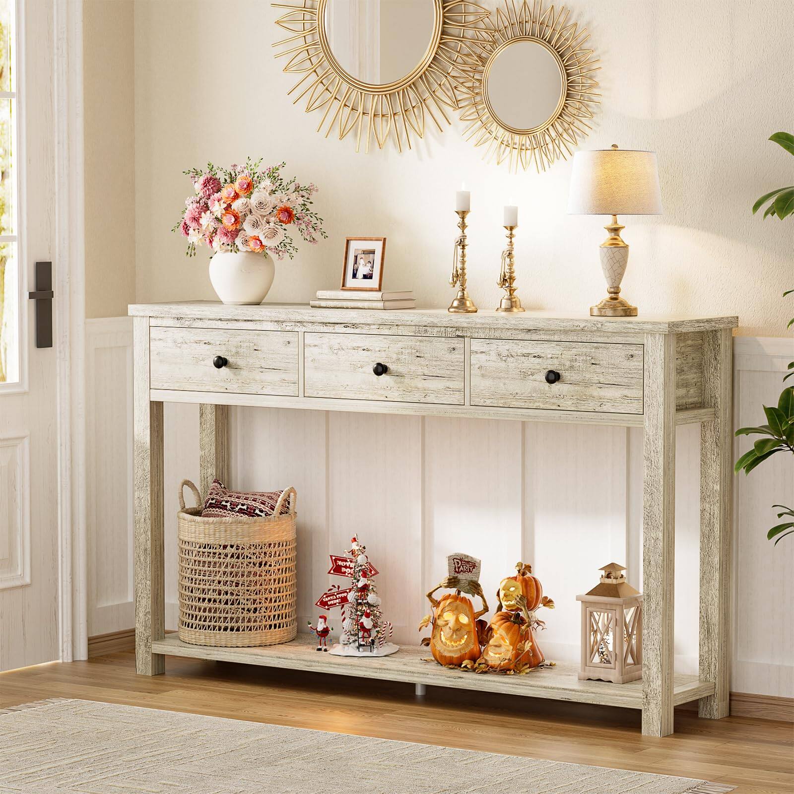 Left. JETRANSPORT - Farmhouse Console Table With 3 Drawers  47 Inch Wood Sofa Storage Shelf For Living Room Behind Couch Entryway - Light Rustic Oak 32 inch.