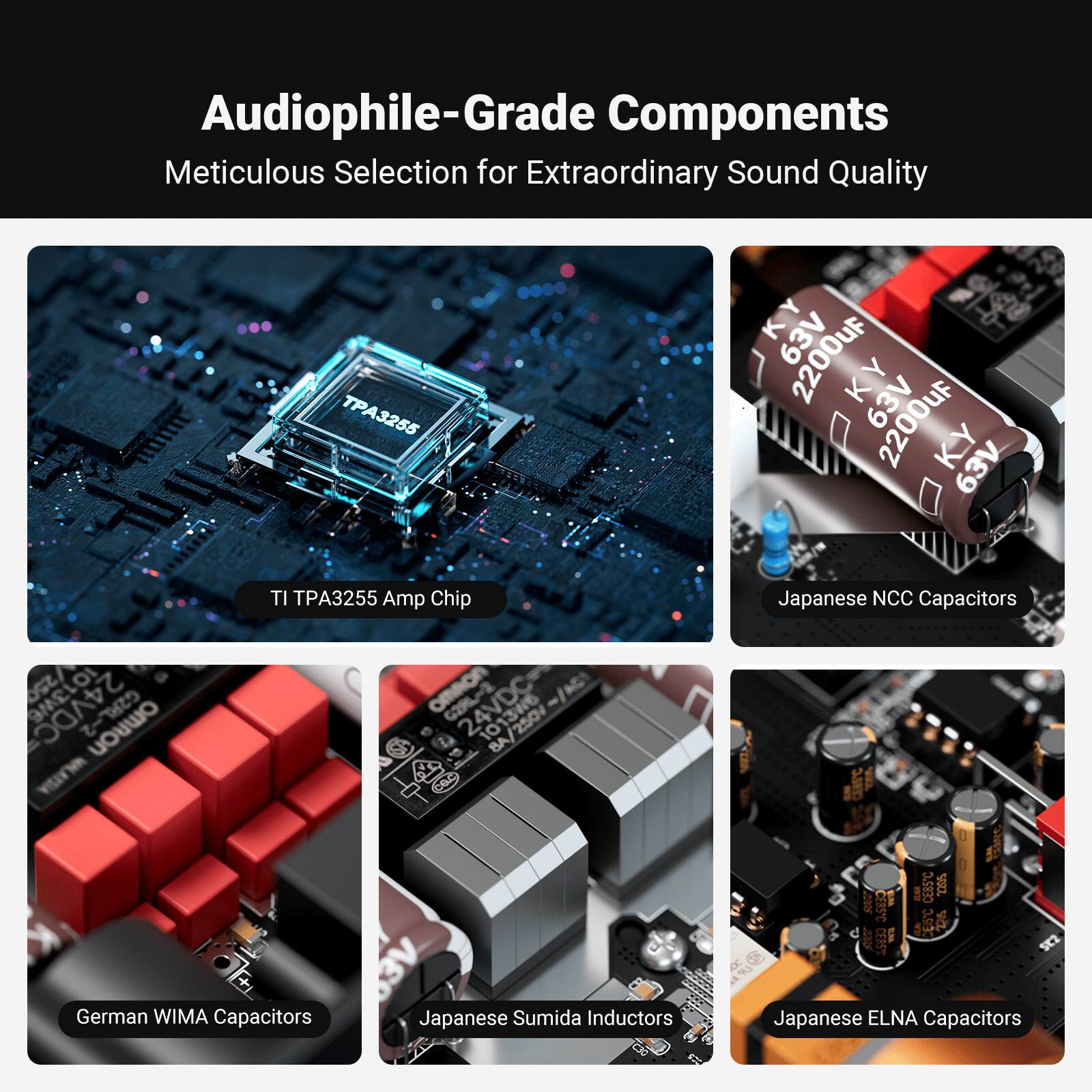 Audiophile-Grade Components  
Meticulous Selection for Extraordinary Sound Quality  

TP3255 KY 63V 2200uF KY 63V 2200uF KY 63V  
24VDC OmnoN TI T3255 Amp Chip  
omnon 24VDC  
BA/250 BA CO2  
Japanese NCC Capacitors  
CESC CEBSC ZZ0 CESC  
German WIMA Capacitors  
Japanese Sumida Inductors  
Japanese ELNA Capacitors