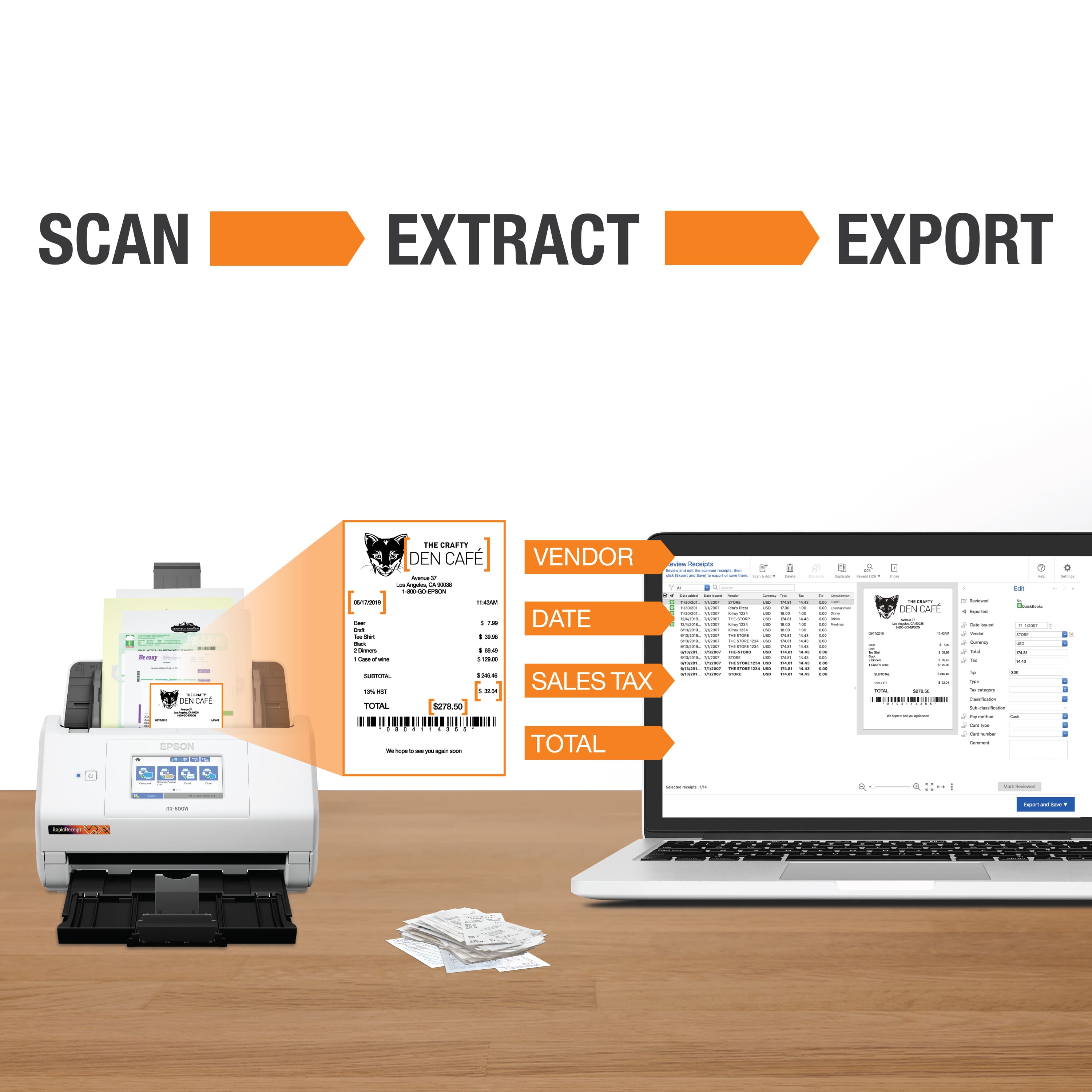 SCAN EXTRACT EXPORT
DENCAFE VENDOR
DATE
SALES TAX
TOTAL
