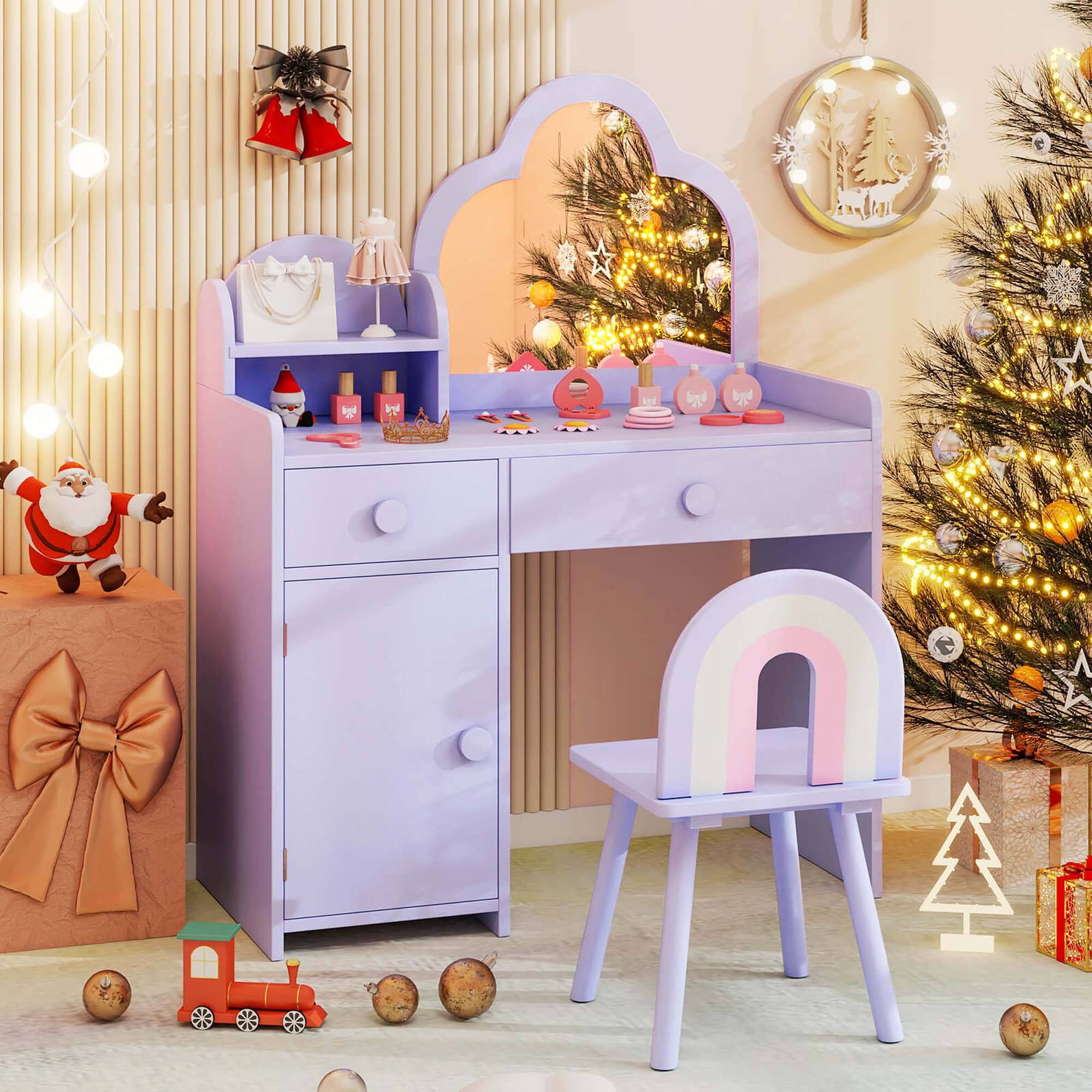 Alt View 1. Costway - Costway Kids Vanity Table and Chair Set with Cloud-shaped Mirror Open Shelf Storage Drawers - Purple.