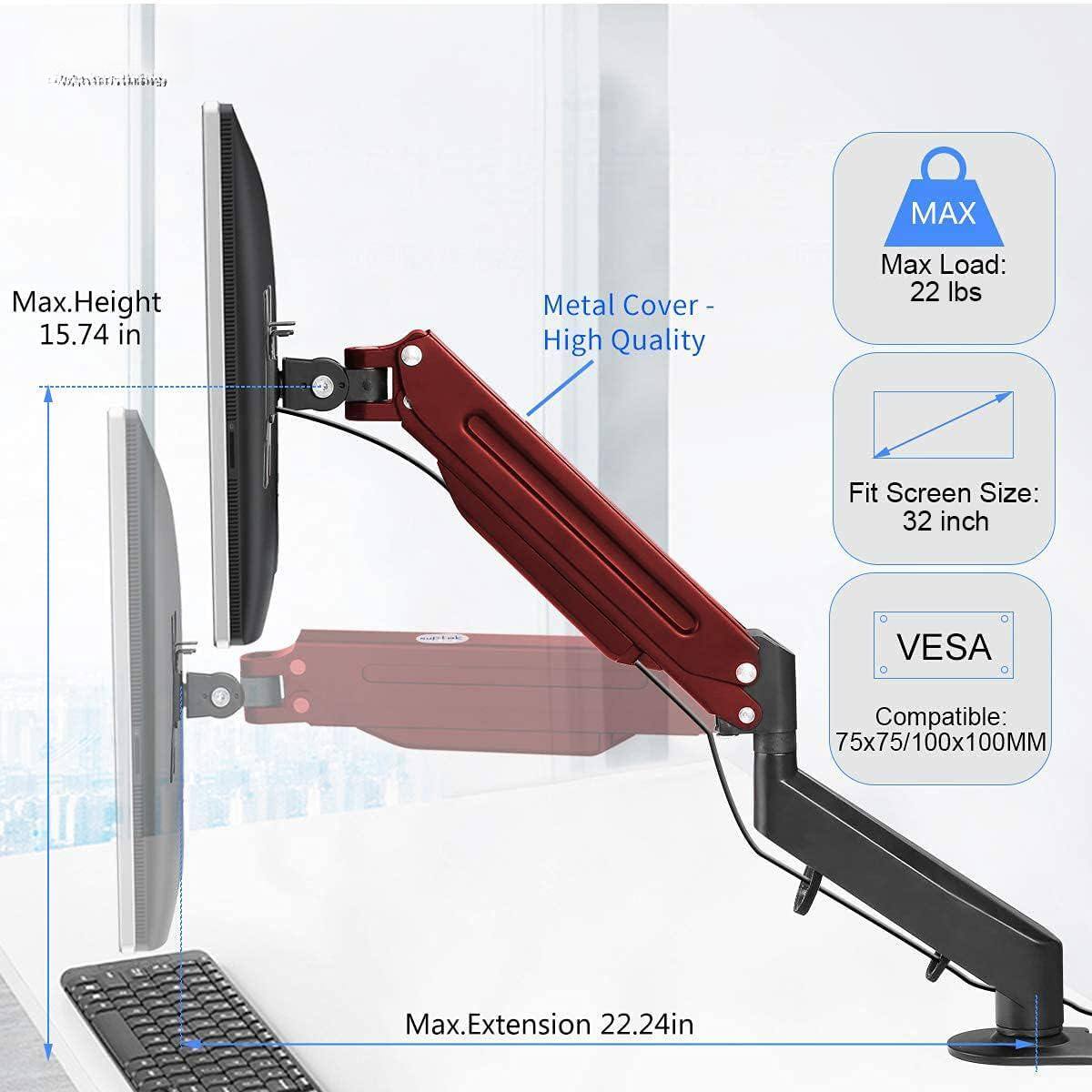 - **Max.Height:** 15.74 in
- **Metal Cover:** High Quality
- **Max.Load:** 22 lbs
- **Fit Screen Size:** 32 inch
- **VESA Compatible:** 75x75/100x100MM
- **Max.Extension:** 22.24 in