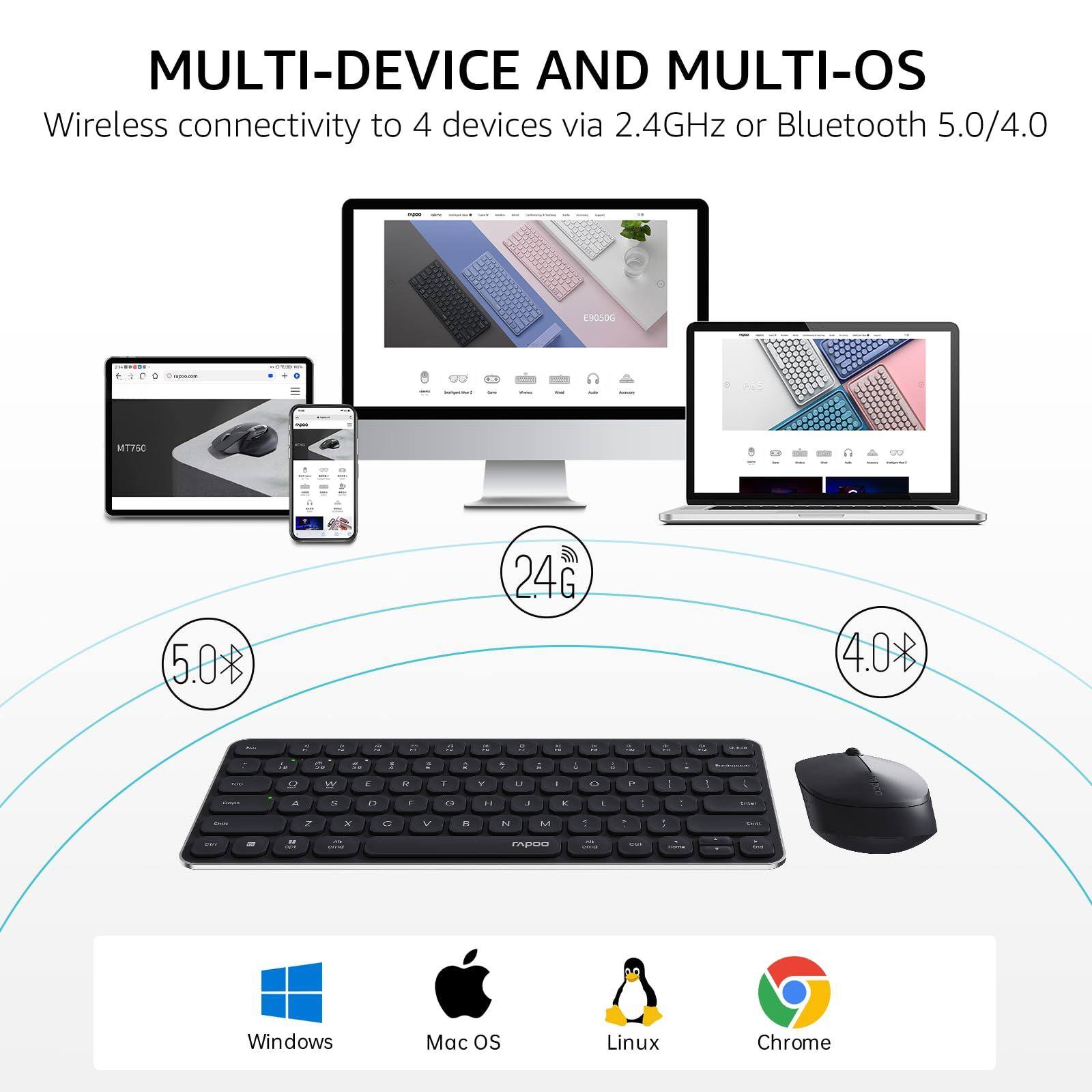 MULTI-DEVICE AND MULTI-OS  
Wireless connectivity to 4 devices via 2.4GHz or Bluetooth 5.0/4.0  

24GHz  
5.0*  
4.0*  

Windows  
Mac OS  
Linux  
Chrome