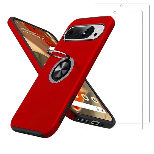 Front. Entronix - Entronix Premium Bundle for Google Pixel 9 Pro XL - 360º Ring Gripstand Case & Dual Screen Protectors - Red.
