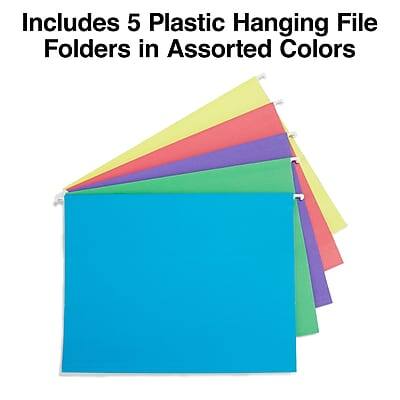 Includes 5 Plastic Hanging File Folders in Assorted Colors