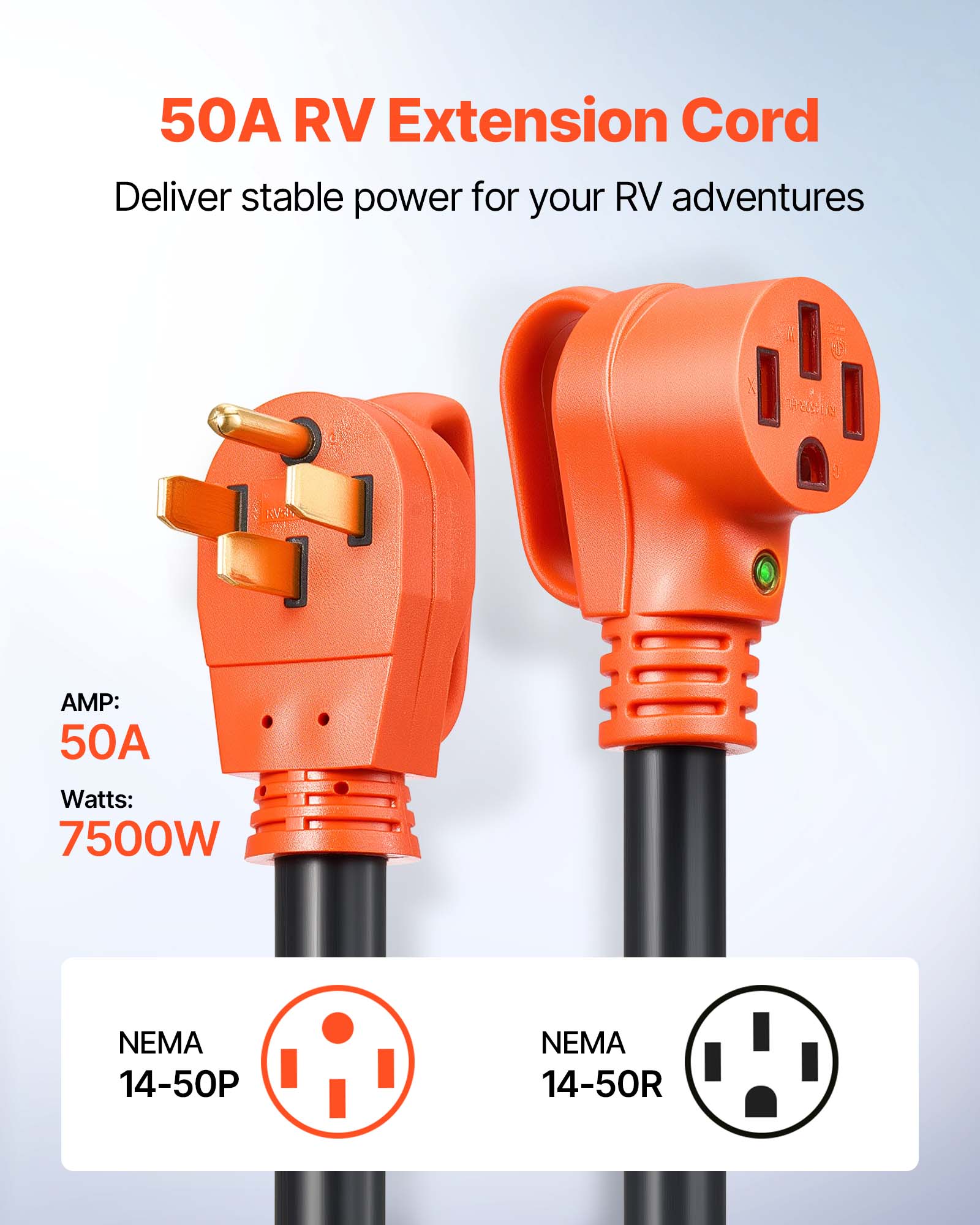 50A RV Extension Cord Deliver stable power for your RV adventures AMP: 50A Watts: 7500W NEMA 14-50P NEMA 14-50R
