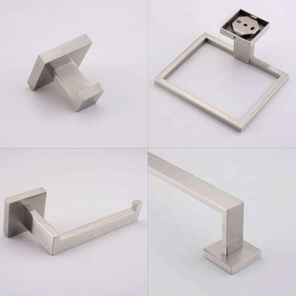 Alt View 4. JUJABU - 5-Piece Bathroom Set Towel Bar + Ring + Hooks + TP Holder, Brushed Nickel - Brushed Nickel.