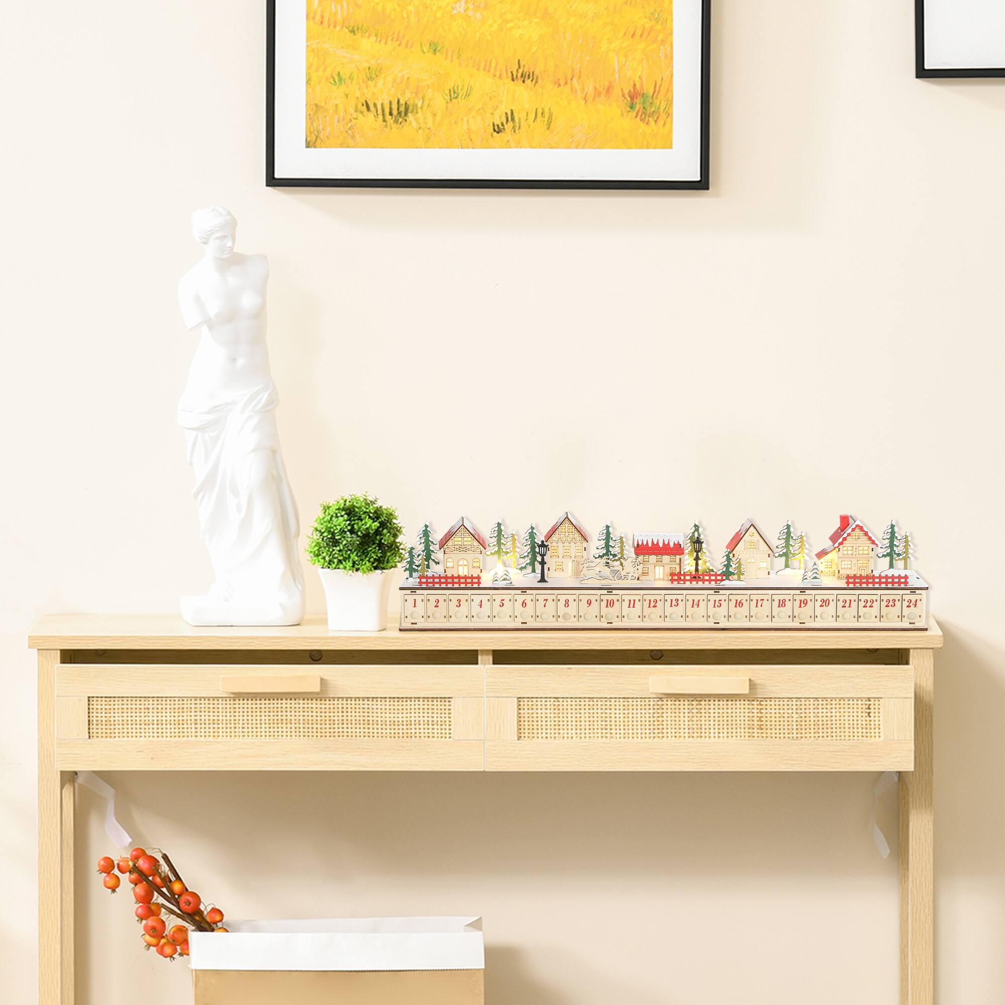 Back. ELEMENT ACE - Festive Countdown Advent Calendar with 24 Drawers and LED Village Scene for Holiday Decor and Daily Surprises - Natural.
