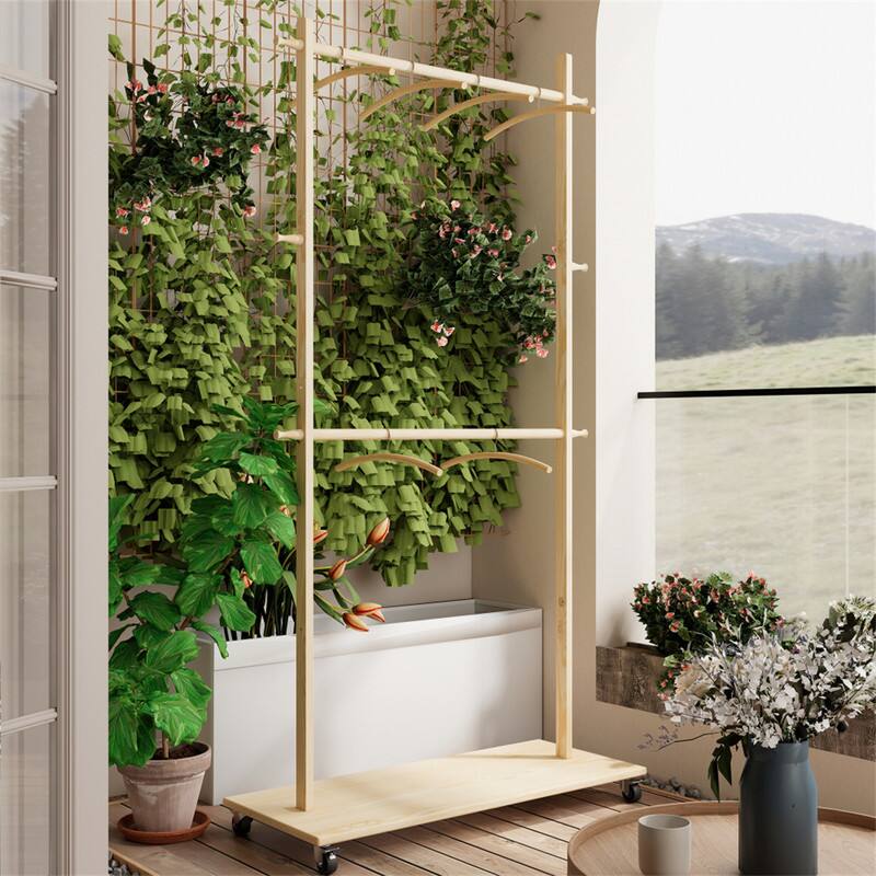 Back. ALEXOUN - Solid Wood Garment Clothes Drying Rack with 6 Wooden Hangers - Space-Saving , Adjustable Shelf &  Wheels for Bedroom - Beige.