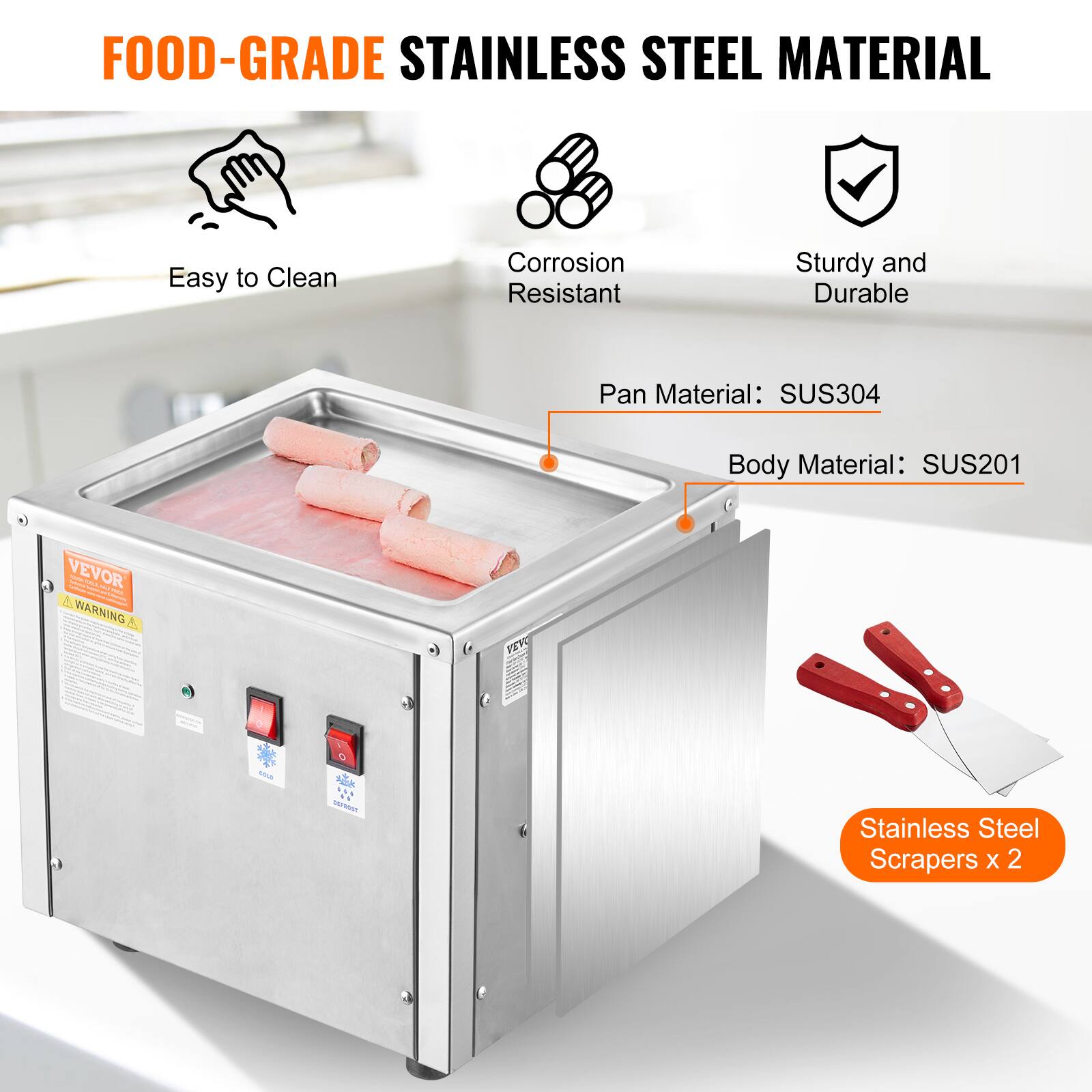 FOOD-GRADE STAINLESS STEEL MATERIAL

- Easy to Clean
- Corrosion Resistant
- Sturdy and Durable

Pan Material: SUS304  
Body Material: SUS201

Stainless Steel Scrapers x 2