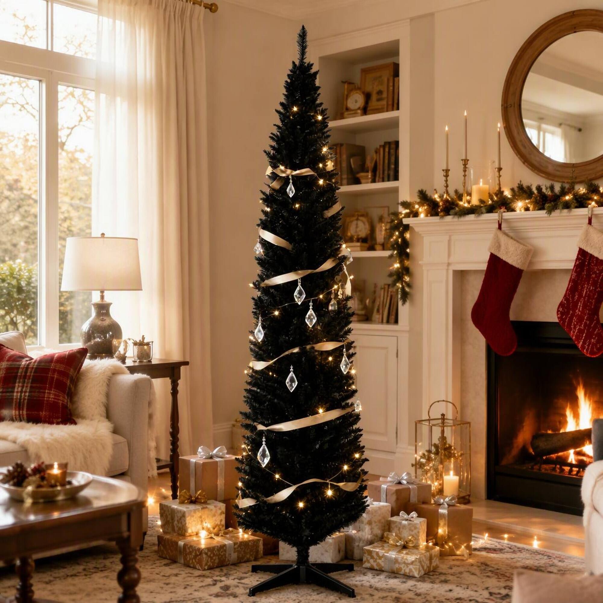 Angle. RYHNUYNE - Classic Pencil Christmas Tree, Easy Assembly Slim Profile Realistic Branches Creates Cozy Warm Holiday Vibe - Black.