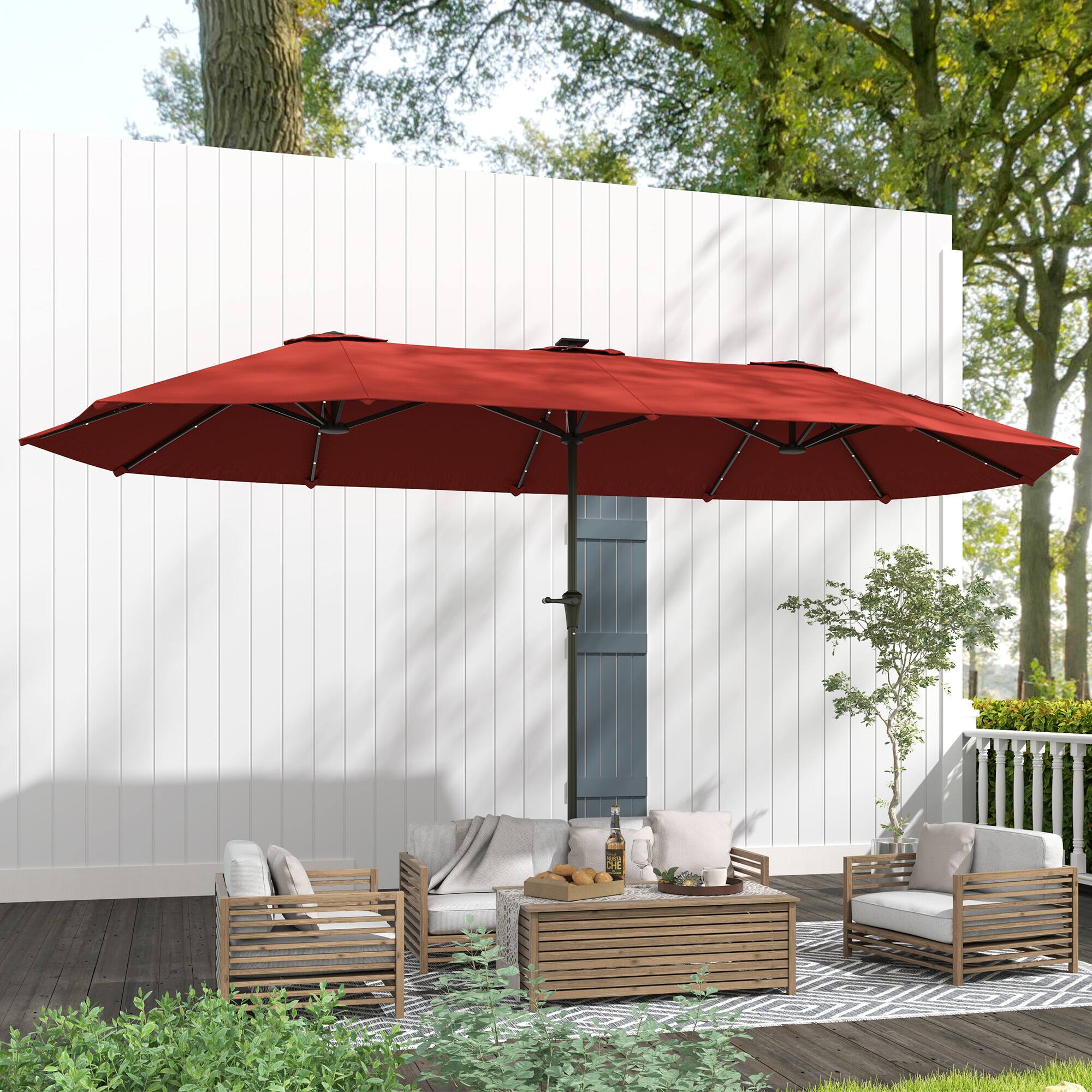 Alt View 5. Outsunny - 13ft Large Patio Umbrella with Solar Lights, Rectangular Double-Sided Outdoor Market Umbrella with Crank Handle - Wine Red.