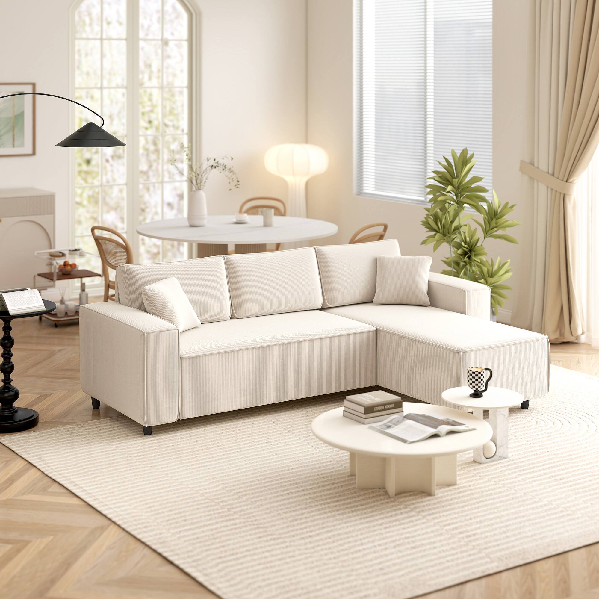 Alt View 9. Homcom - Sectional Sofa with Reversible Chaise Lounge, 95" L-Shaped Corner Sofa, 2 Pillows, 3 Seat Couch for Living Room - Cream White.