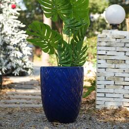 Loheer - Ceramic Planter Pot, 17 Inch Navy Blue Handmade Clay Planter, Diamond Pattern Large Indoor Outdoor Planter
